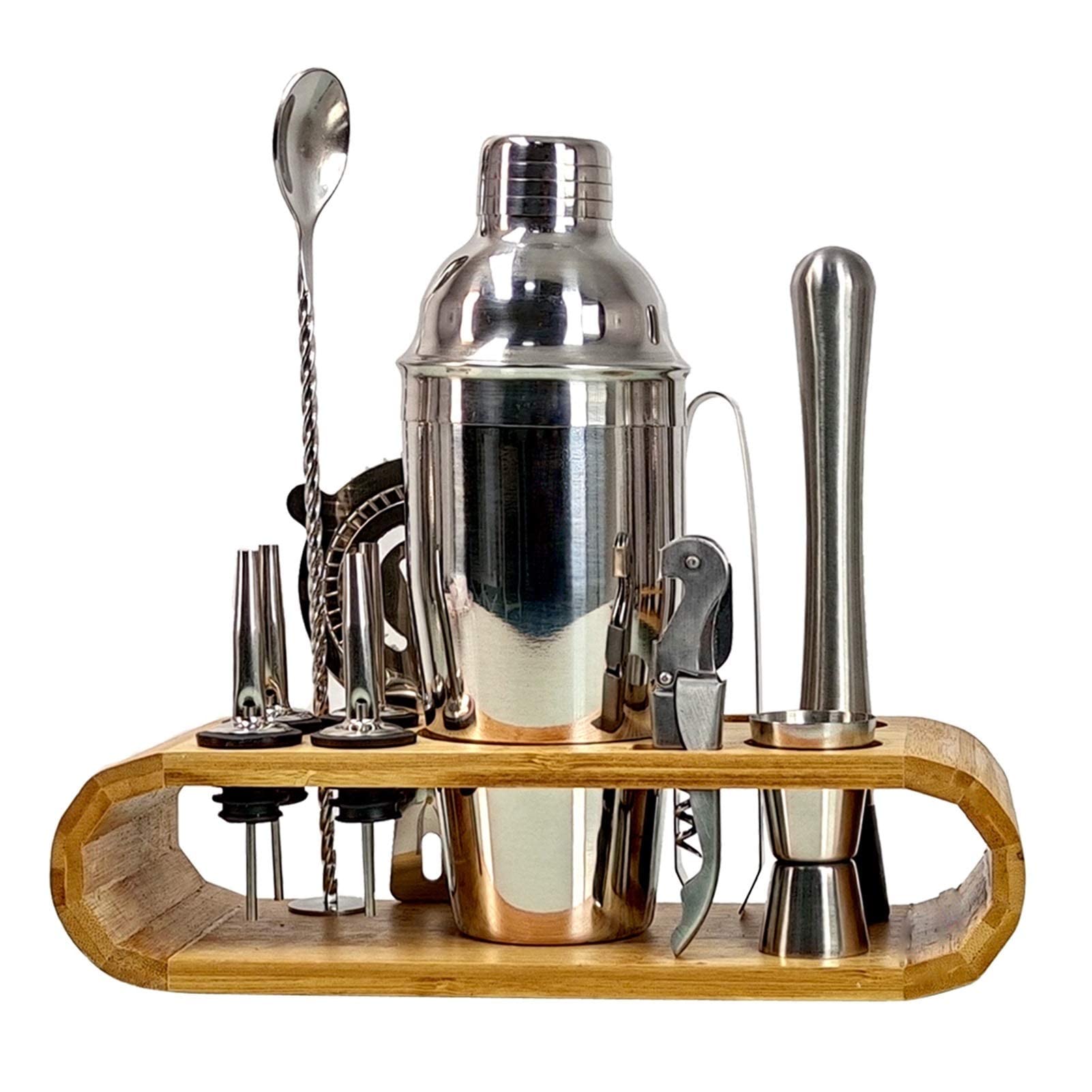 Cocktail Shaker Cocktail Shaker Set 12 pièces Cocktail Shaker Set Acier Inoxydable Barman Kit Mélangeur Boisson Bar Outil Accessoires Ovale Bambou Stand (Couleur : 550Ml) (350ml)