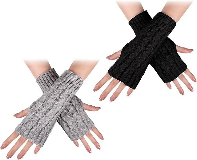 Jeere Hand Warmers Gloves 2 Pairs Winter Fingerless Mittens for Women Crochet Fingerless Gloves Knitted Hand Warmers Thumbhole Arm Warmers, Black and Gray, One Size