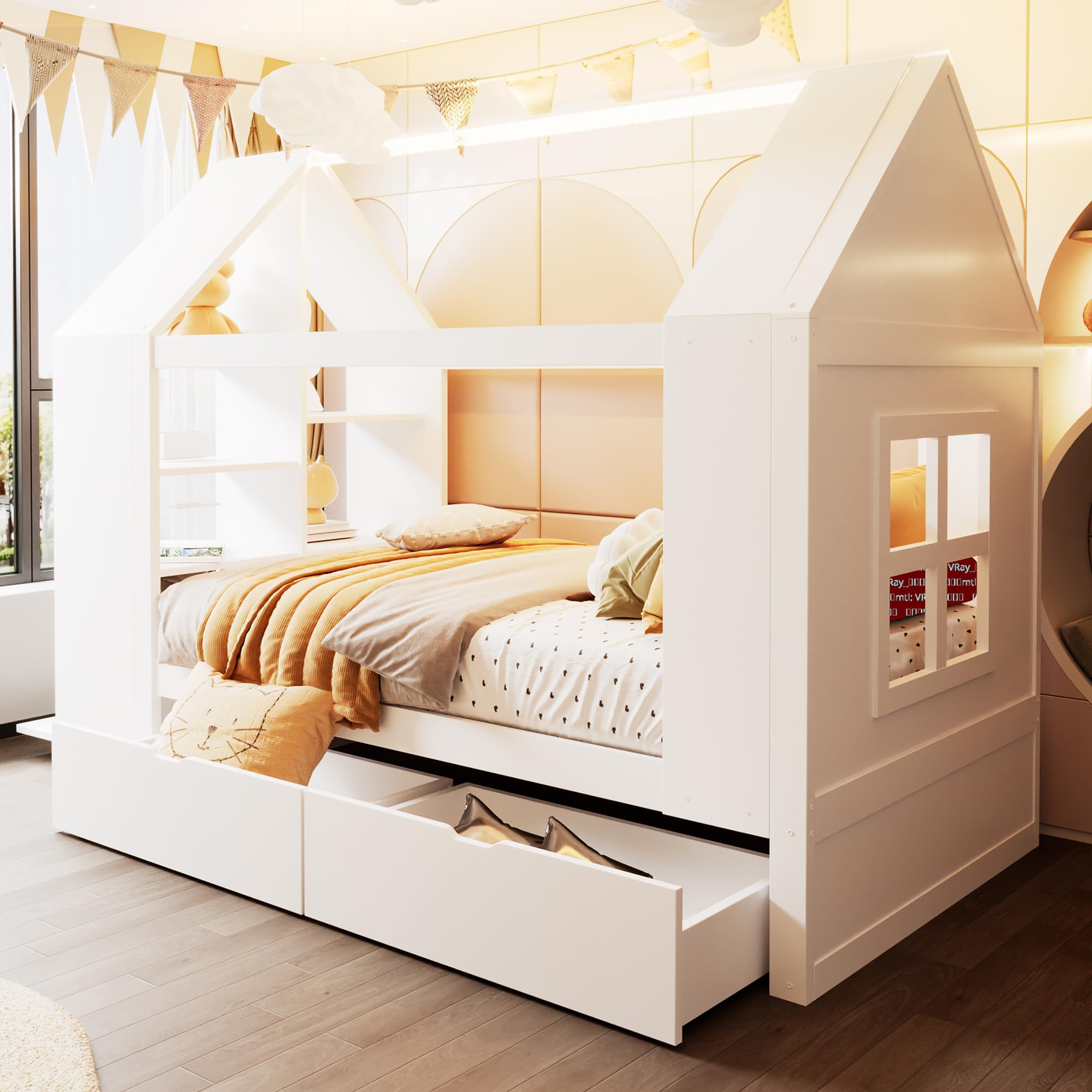Kinderbett 90x200 Hausbett mit LED und Stauraum, Einzelbett mit Schubladen, Holzbetten für Kinder und Jugendliche, Massivholz Weiß