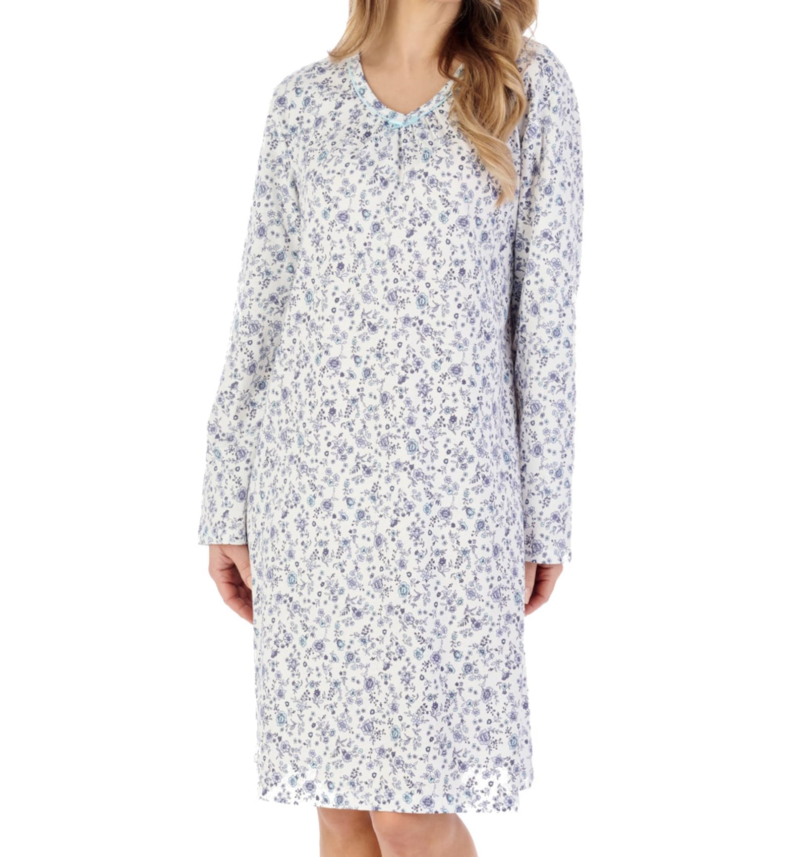 Slenderella Women's Grey Ditsy Floral Jersey Cotton Nightdress Long Sleeve Nightie Uk 16/18 (Grey)