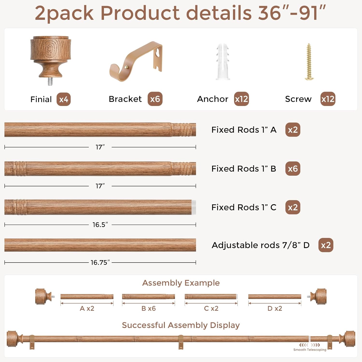 2 Pack Wood Curtain Rods for Windows 48 to 84 Inch, Adjustable Decorative 1'' Heavy Duty Metal Curtain Rod with Modern Faux Wood Grain Finials, Rustic Farmhouse Bedroom Boho Drapery Pole