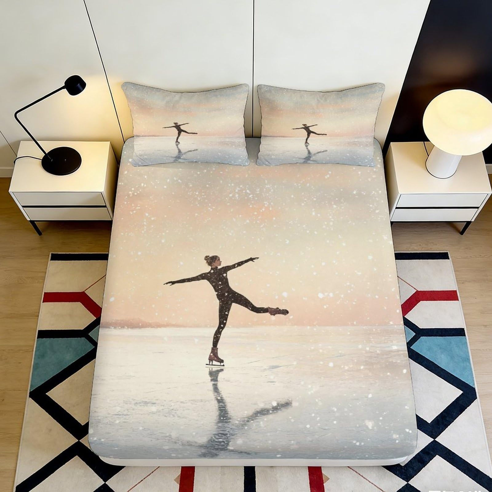 3D Printed Ice Skating Sunset Fitted Sheet Microfiber Non-Slip Mattress Cover for Bedroom Dorm Guest Room Decor 116 160x200x25cm