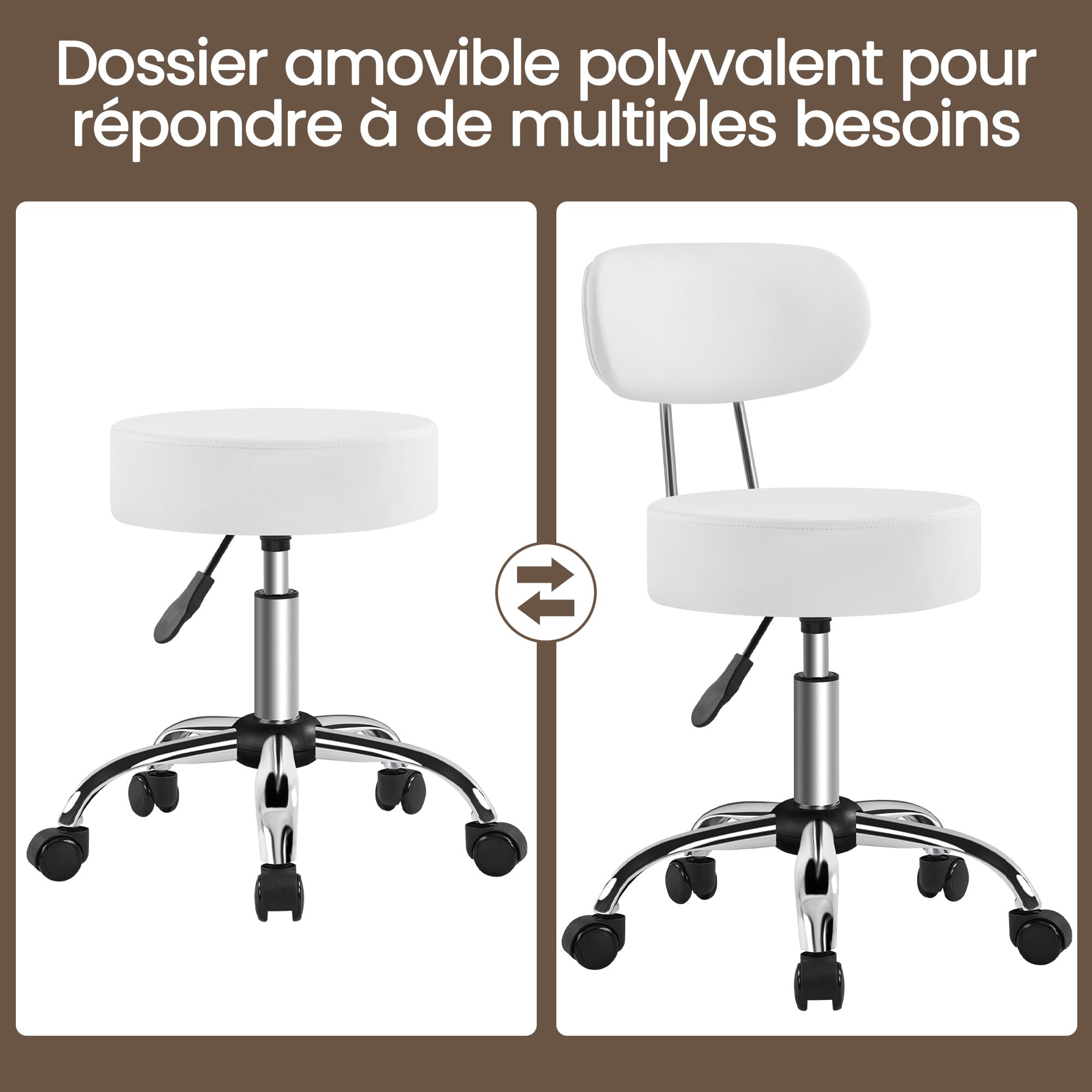 Tabouret de Bureau avec Dossier, Rotation 360°, Hauteur Réglable 75-84 cm, Siège Rembourrage 10 cm, Blanc
