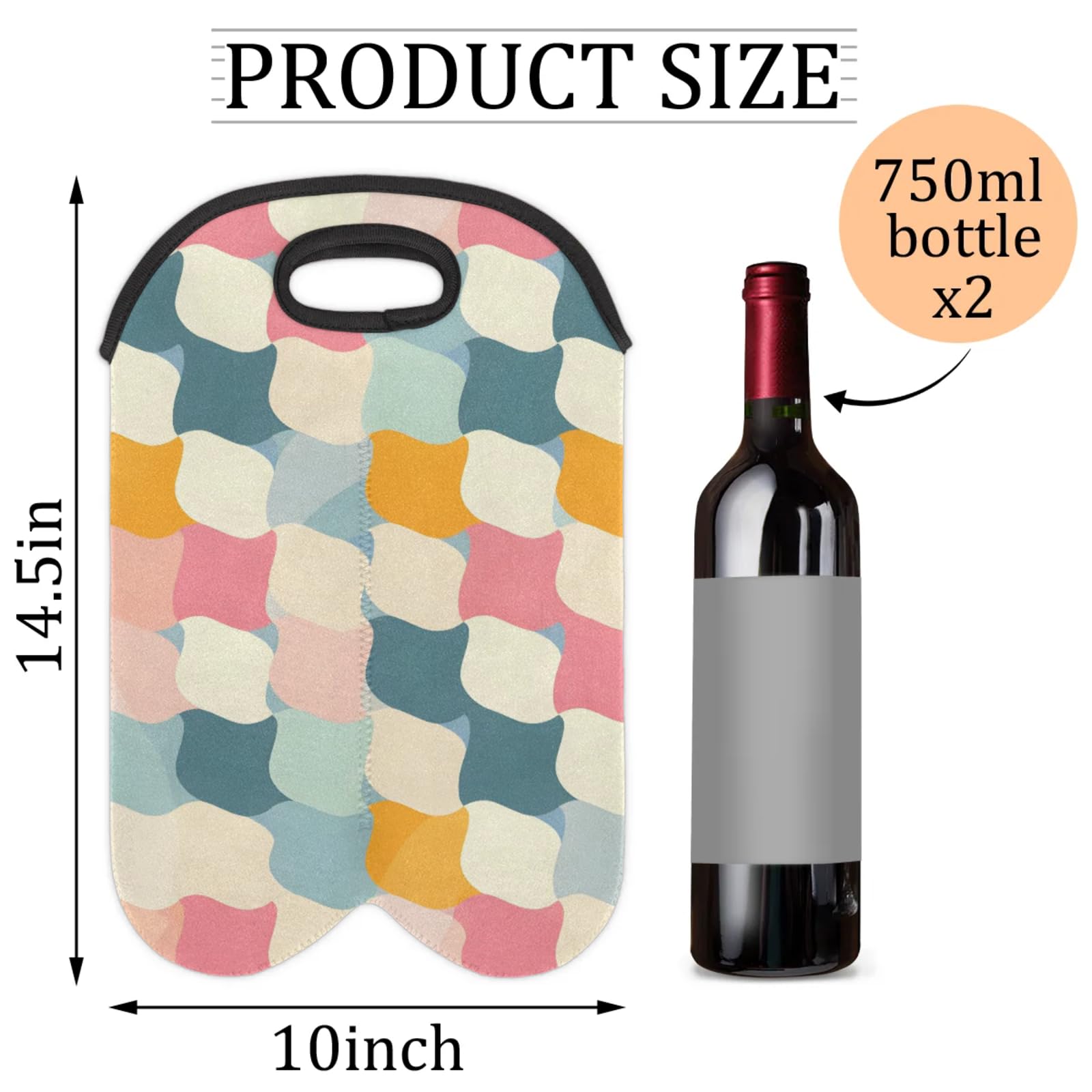 2 Bottles Geometrical Wine Bag Sleeve Totes Neoprene Protective Wine Carrier Bag for Wine,Water, Champagne, Beer, Baby Bottles,Gift 14.5 x 10 Inches