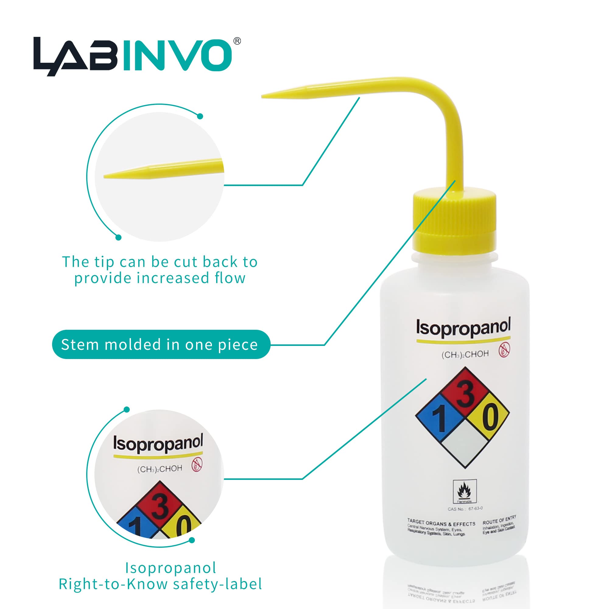 IN-WBI500 - Bottiglie per lavaggio isopropanolo, vol.500 ml, bocca stretta, autofilettanti, materiale LDPE, 4 pezzi