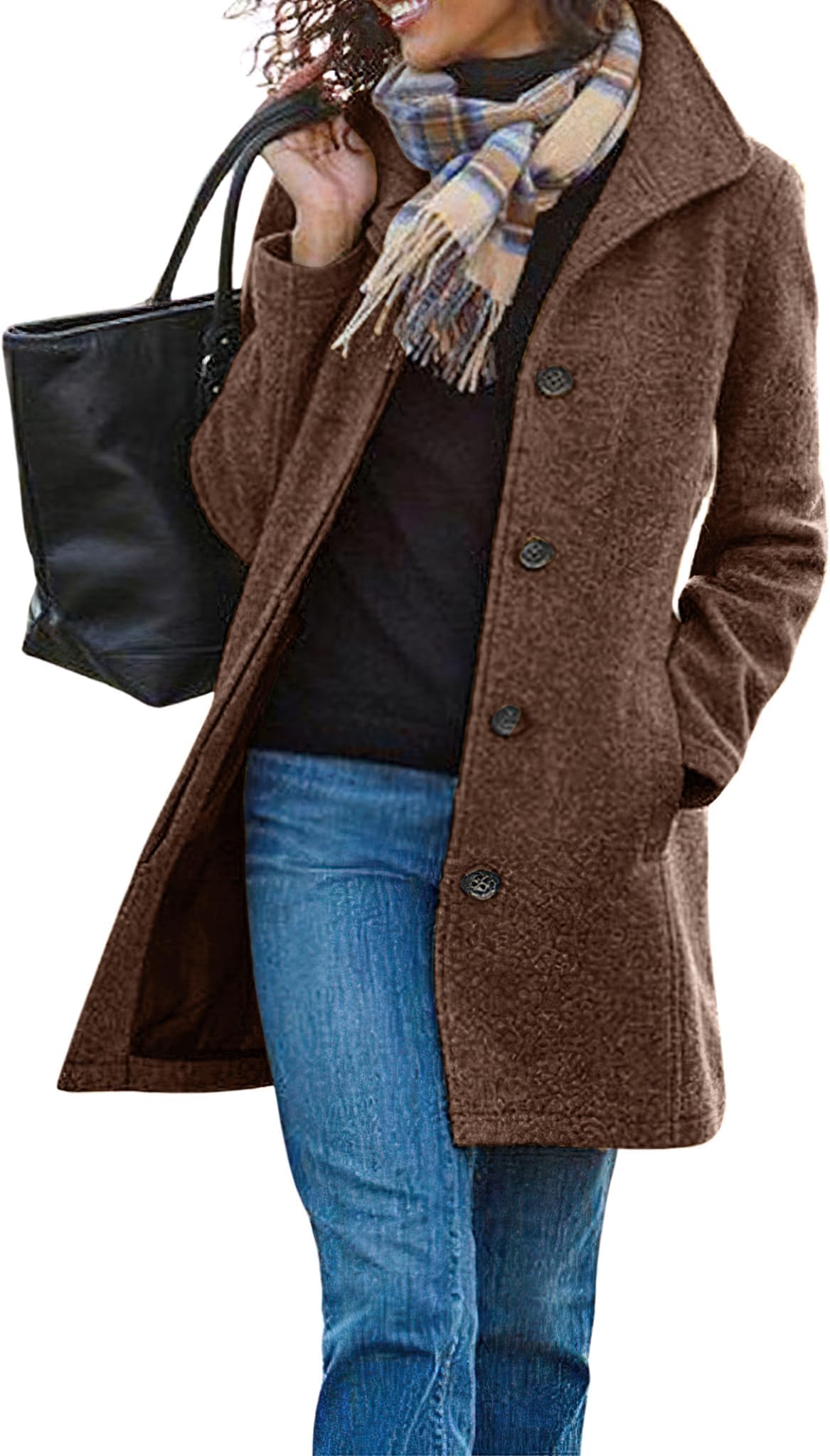 Women's Winter Wool Blend Pea Coat Single Breasted Stand Collar Casual Trench Coat Overcoat