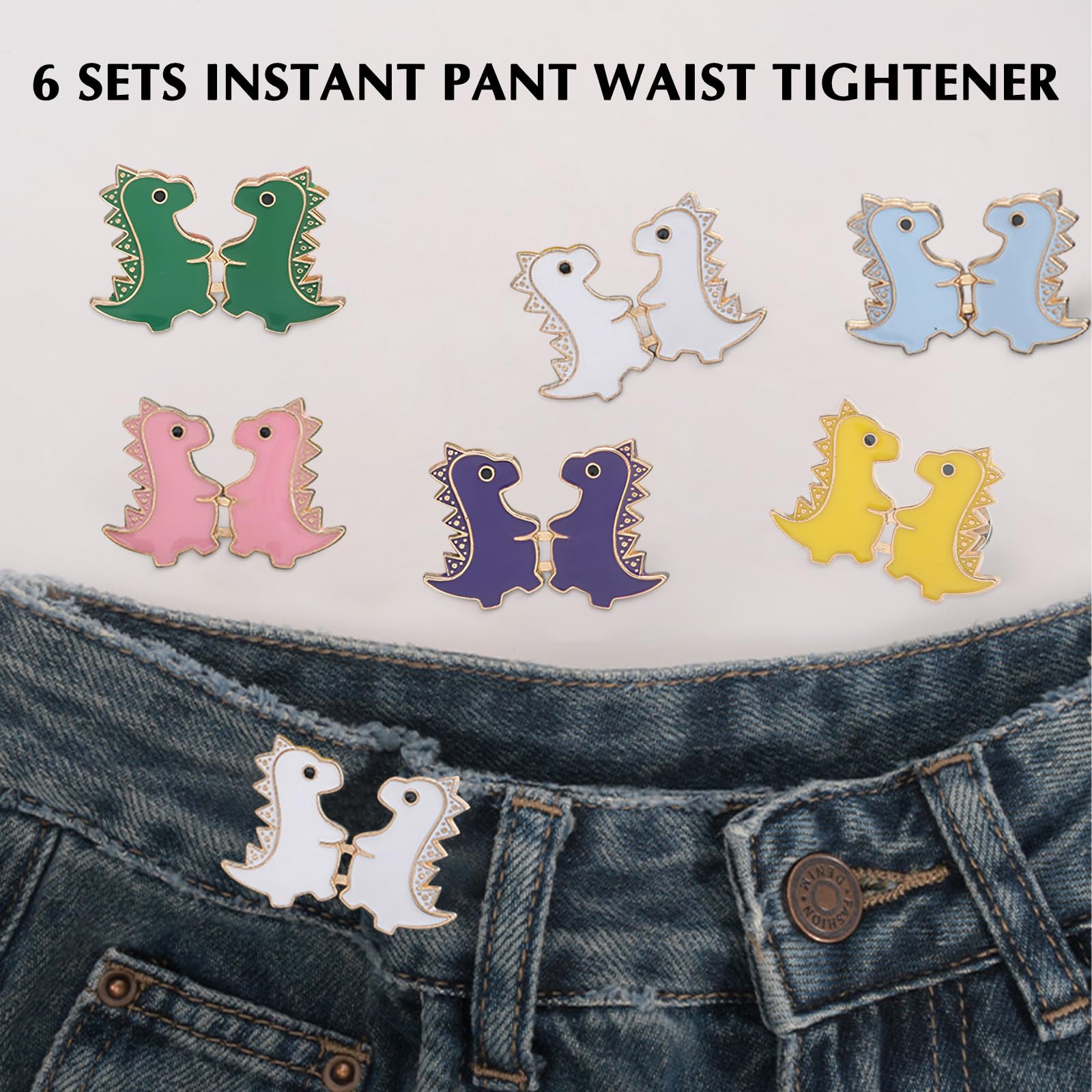 6 Sets Dinosaur Button Pins For Jeans - No Sew Waist Tightener, Adjustable Fit For Loose Pants