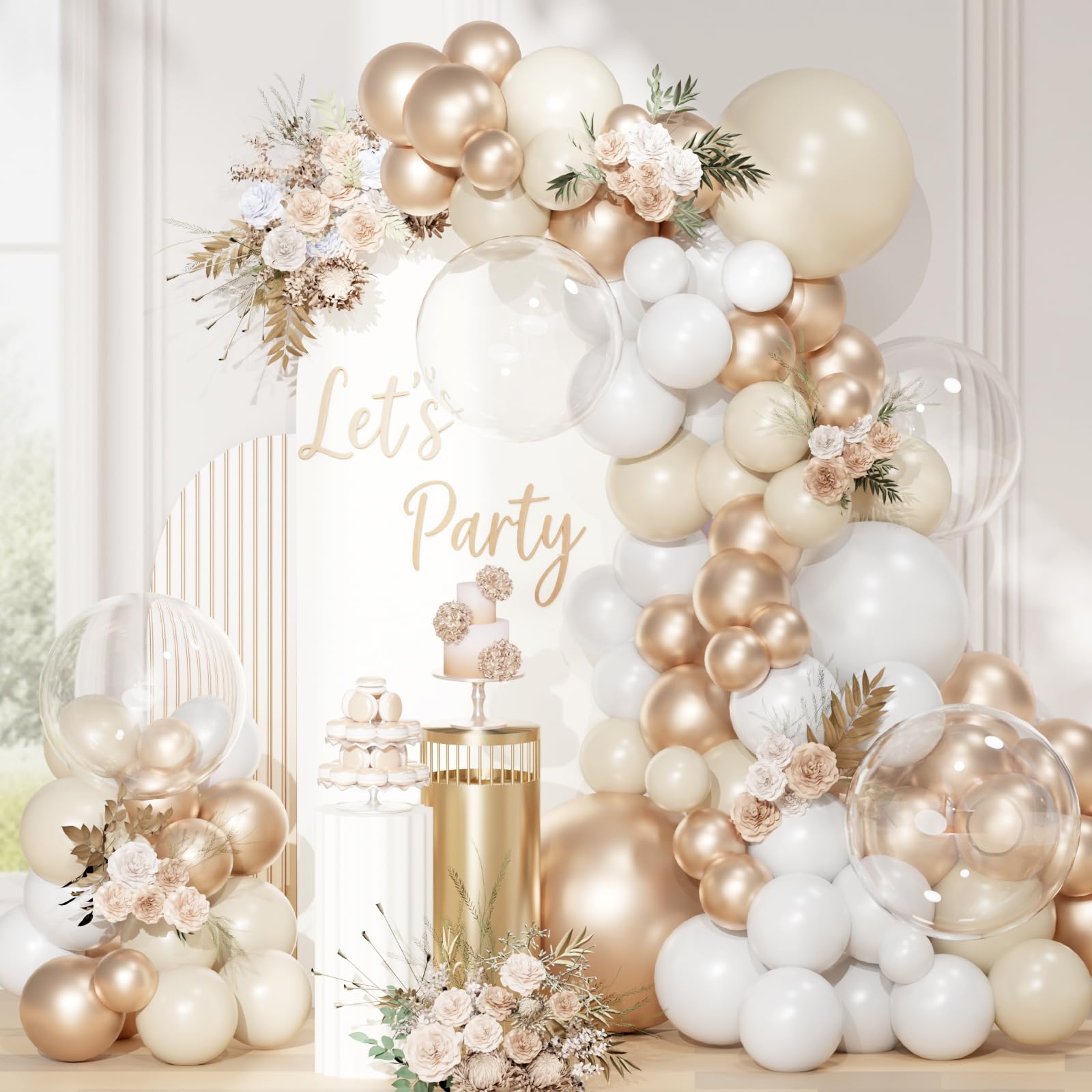 QIFU White and Gold Balloons Arch Kit,113pcs Champagne Balloon Arch Gold and White Balloon Beige Garland Balloons Kit with Bobo Balloon Birthday Decoration for Women Engagement Boho Wedding EID — image 1