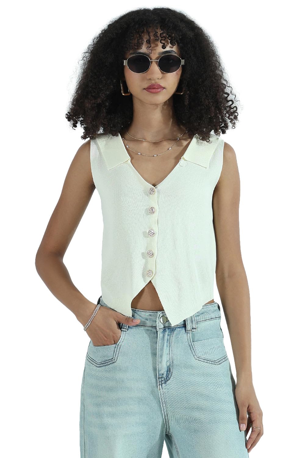 showoffff Edition Women's Cream Vest Top with Gold Buttons and Spread Collar-CHN-83157_Cream-P-picture-14