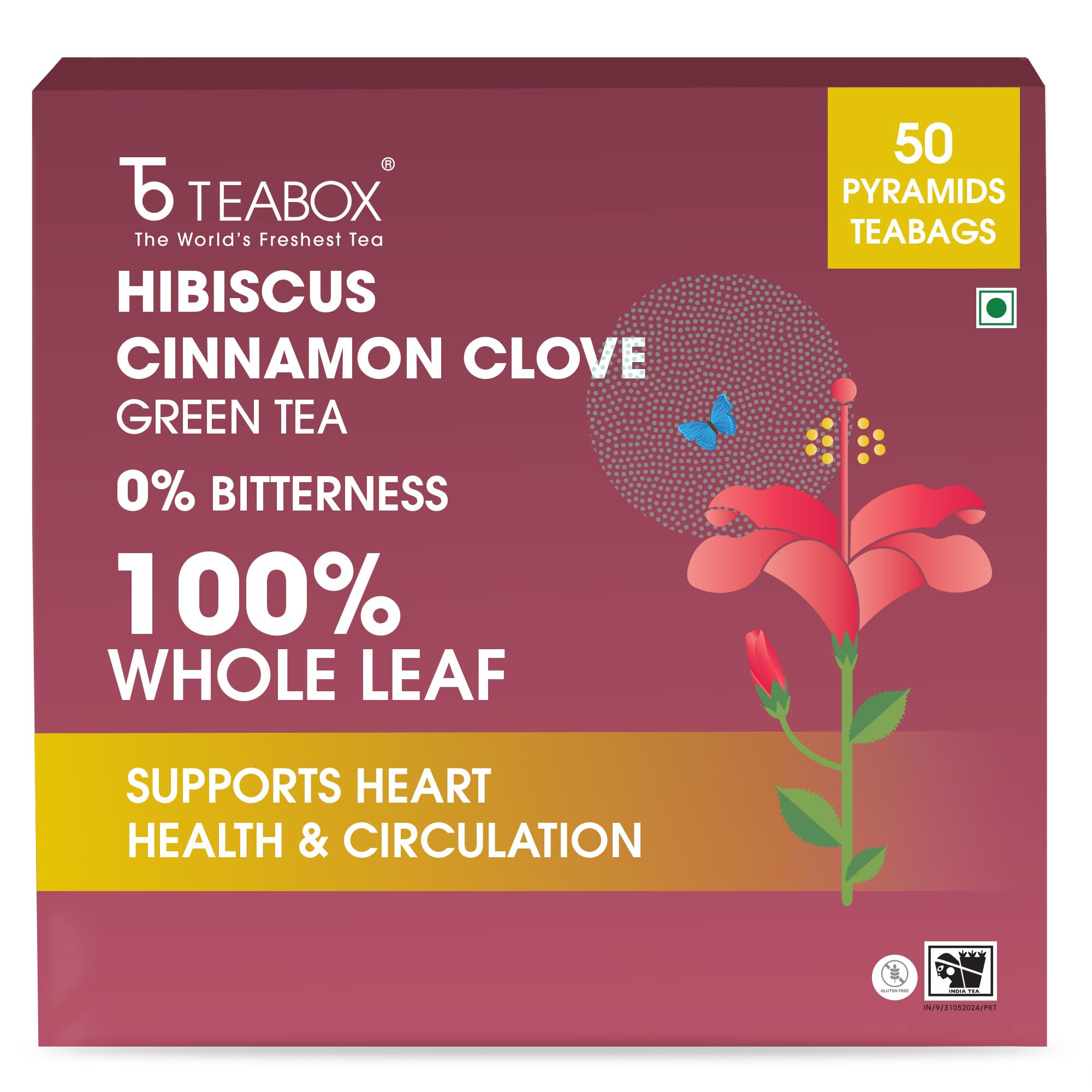 Teabox Organic Bag | Immune System Booster and Weight Management | Natural Hibiscus, Cinnamon and Cloves 50 Count (1 Pack) 50 Count (1 Pack) Hibiscus, Cinnamon, Clove, Green Tea