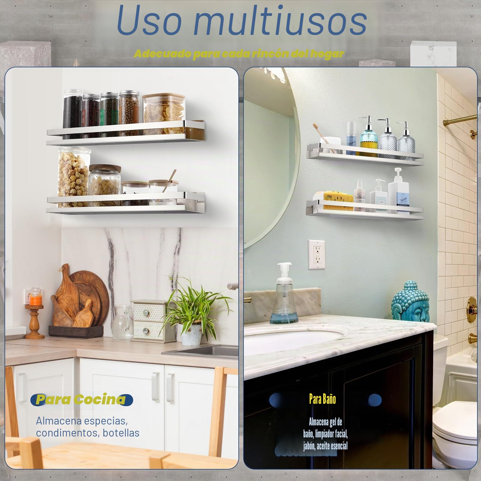 Lallisa 2 estantes flotantes de Acero Inoxidable para baño, Ducha, estantes flotantes montados en la Pared, Estante Organizador de Almacenamiento para baño, Cocina, Sala de Estar (50 cm, Plateado)