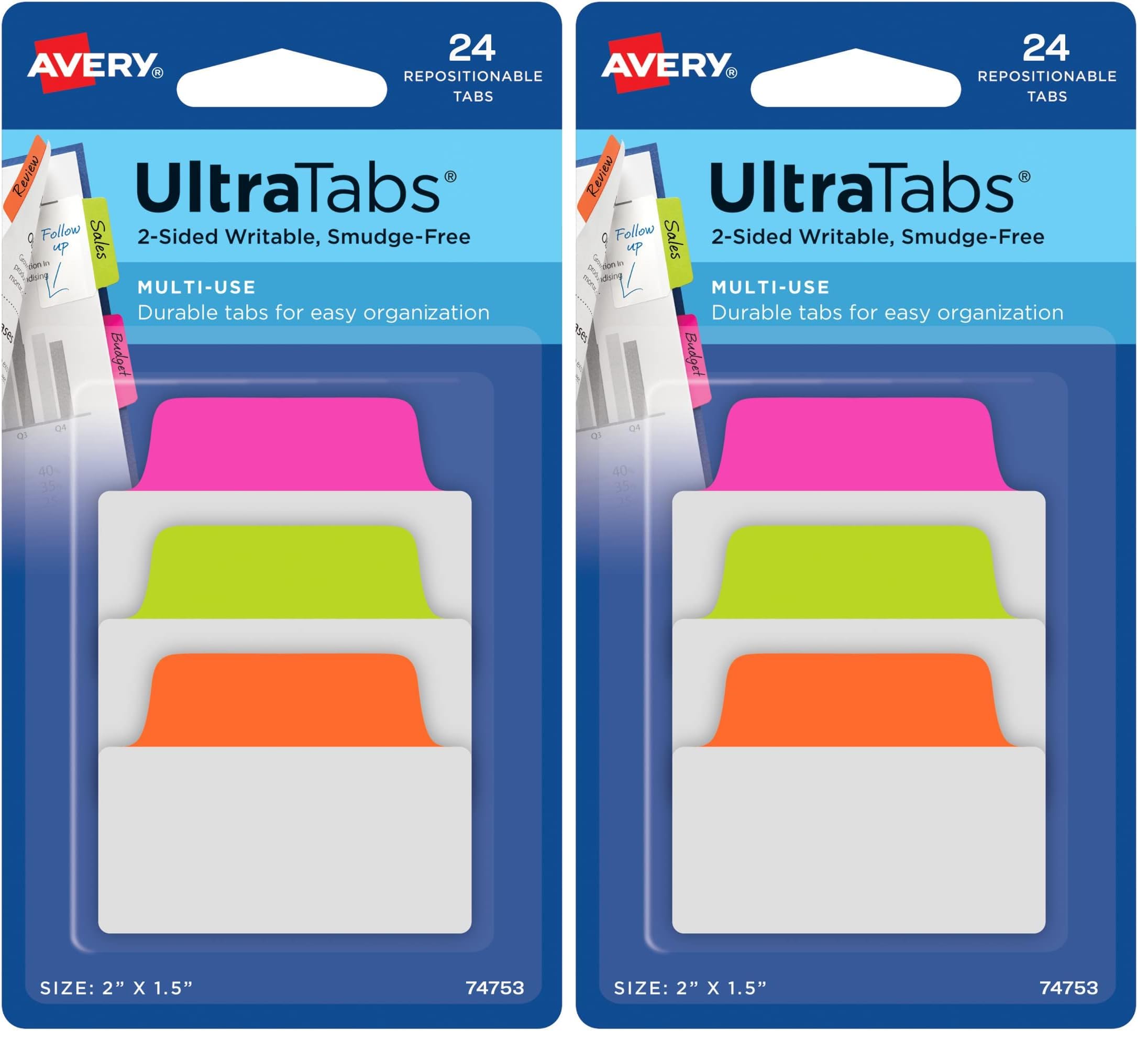 Avery Multiuse Ultra Tabs, 2" x 1.5", 2-Side Writable, Neon Pink/Green/Orange, 24 Repositionable Tabs (74753) (Pack of 2)