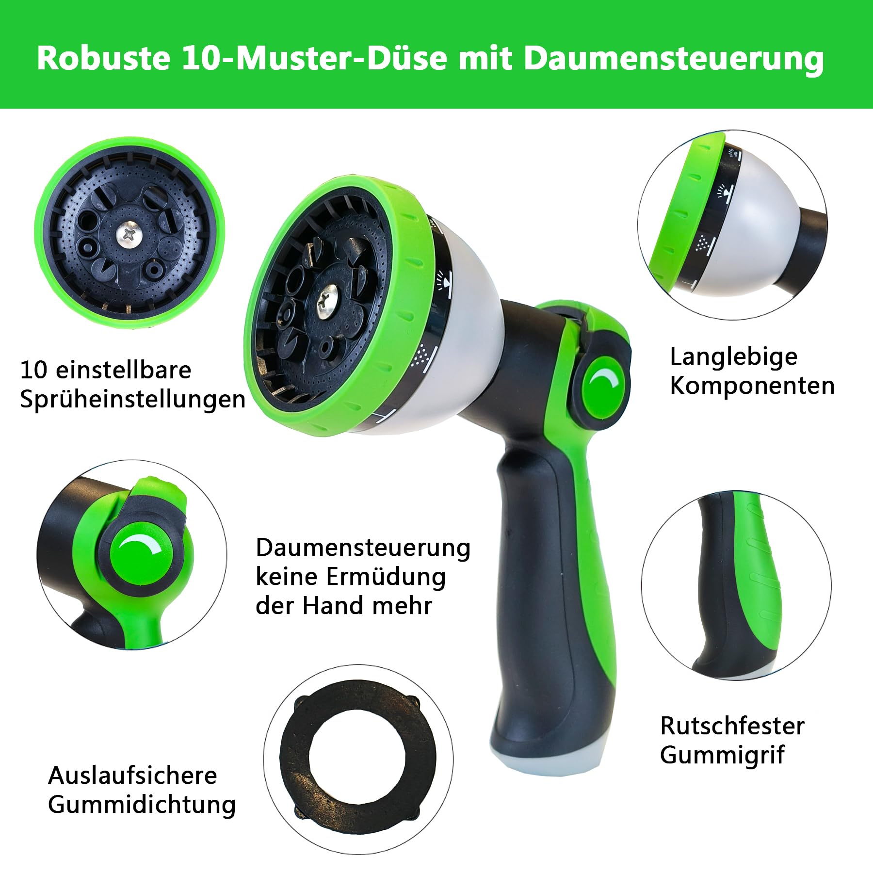 Bergmann® Tubo da giardino flessibile di alta qualità, tubo flessibile con 10 funzioni, tubo flessibile con supporto da parete 3/4 1/2", attacco a 3 canali in lattice (verde, 22 m)