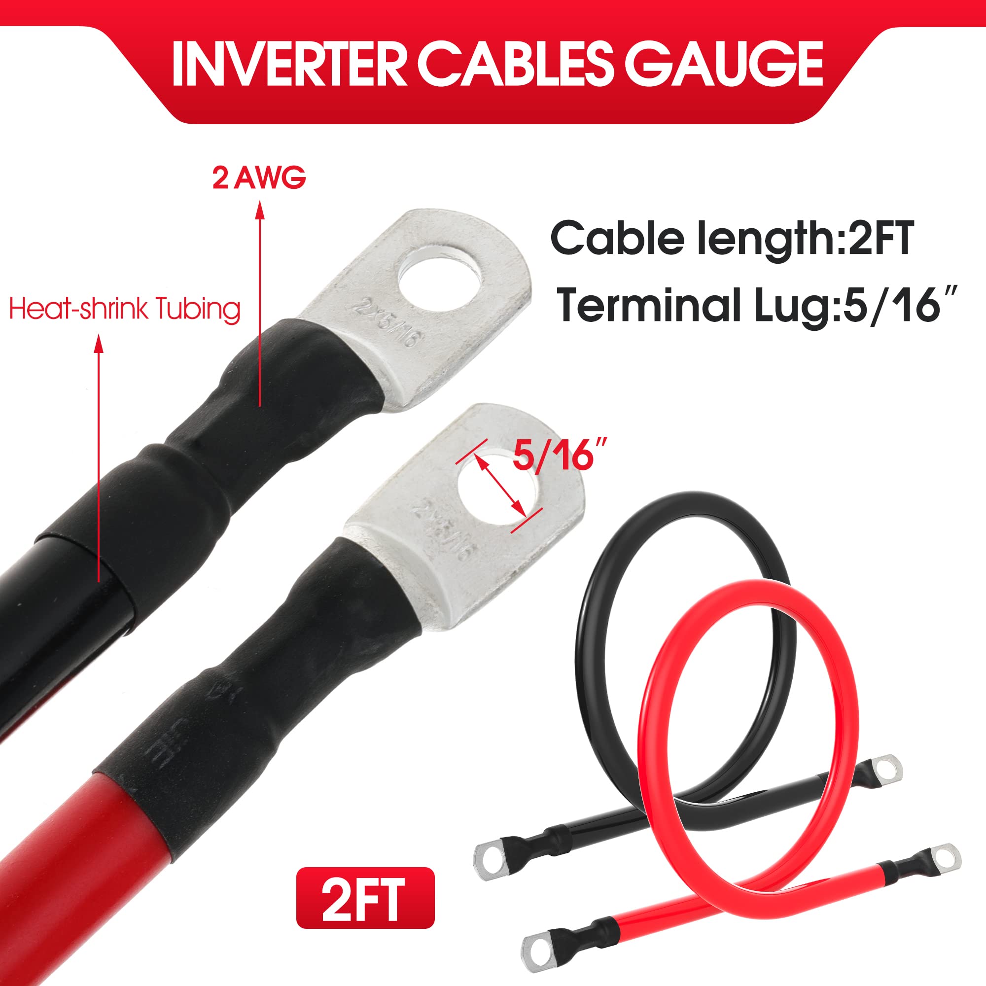 Cavo per batteria da 2 AWG, calibro 2 AWG, cavi inverter di alimentazione per batteria, con terminale da 5/16", per auto, barche, camper, auto e moto (60 cm)