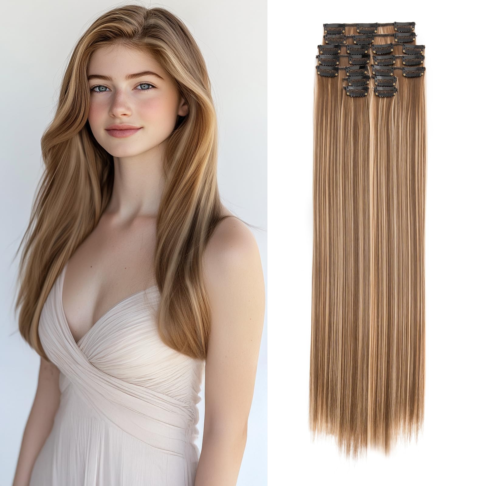 Benehair 22" Clip in Hair Extensions 12 Pcs Long Straight Hair Extensions Clip in Synthetic Fiber Full Natural Extension Medium Brown mix Blonde Hair Piece for Women(Medium Brown mix Blonde