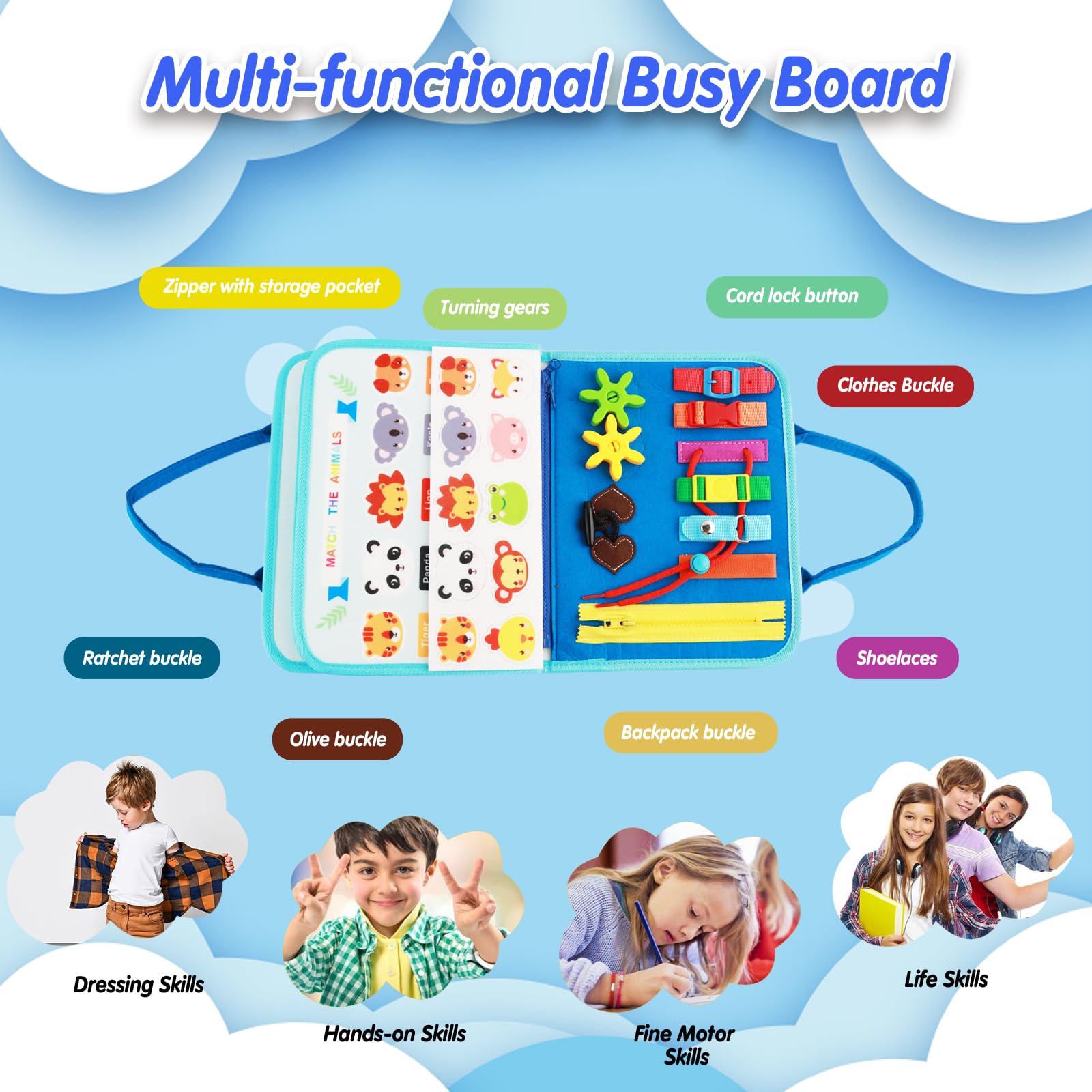 Busy Board Montessori zabawka od 1, 2, 3, 4 lat, filcowa tablica do aktywności 7 w 1, zabawka edukacyjna, rozwijanie, sensoryczna drobna motoryka, zabawka edukacyjna dla niemowląt
