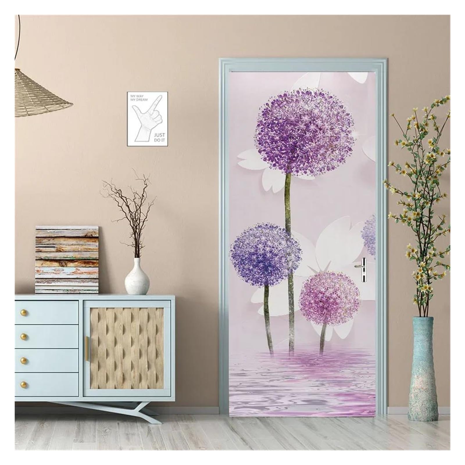 Sticker de porte pissenlit violet 85x215cm | Déco florale moderne pour chambre