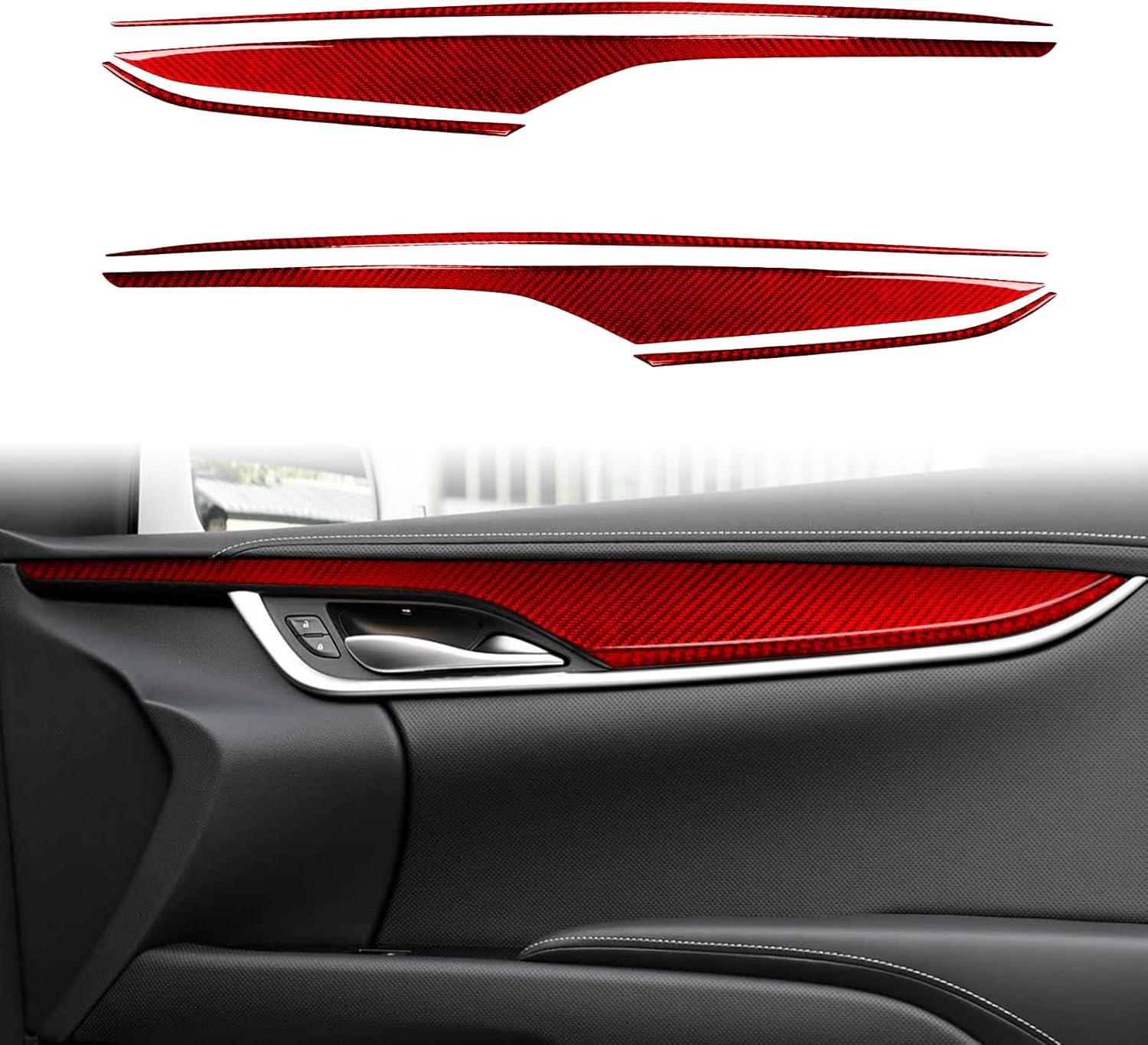 Real 3K Red Carbon Fiber Car Front Row Door Panel Soft Pads Sticker Interior Trim Compatible with Cadillac XTS Luxury/Premium Luxury/Platinum/XTS V-Sport 2013 2014 2015 2016 2017 2018 2019