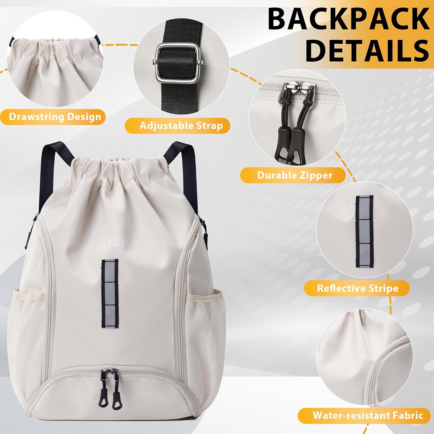 Drawstring Gym Backpack, Sports Bag with Adjustable Shoulder Straps, Cinch Sack for Fitness, Swimming, Travel (Beige)