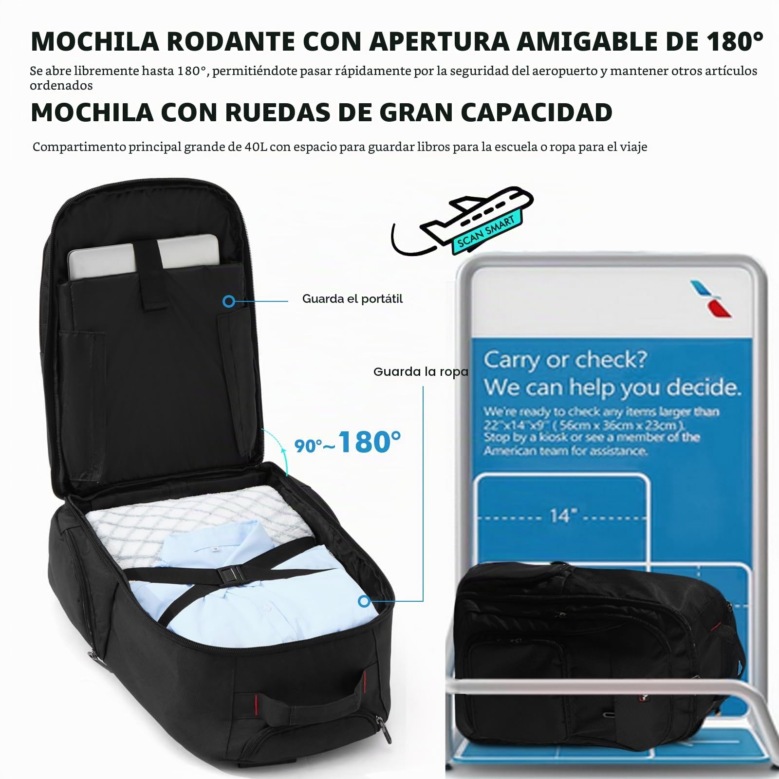 Mochila con ruedas, 15,6 pulgadas, maleta de mano, portátil, bolsa de viaje con ruedas, mochila grande para hombre, trabajo, universidad