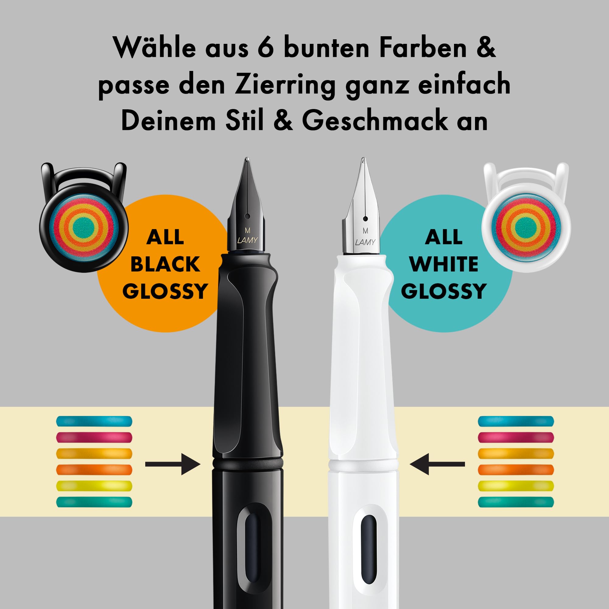 Lamy safari multicolor Füller-Set – Special Edition mit 2 Füllhaltern in all black & all white – Stahlfeder in Strichbreite M – mit 2 blauen Tintenpatronen, 12 austauschbaren Farbringen & Geschenkbox