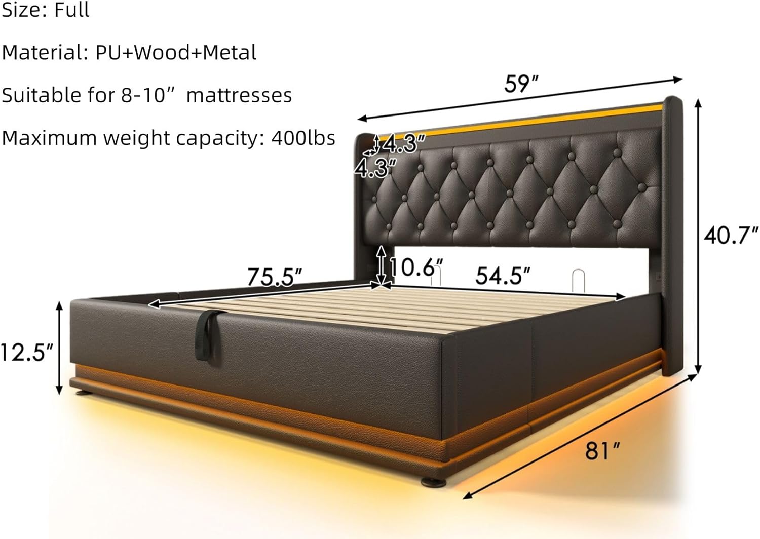 Merax Full Size Lift Up Storage Bed Frame with 360 Surround LED Lights, Buttons, Apps or Remote Control, USB Type-C Charging, Upholstered Headboard PU Platform, Black