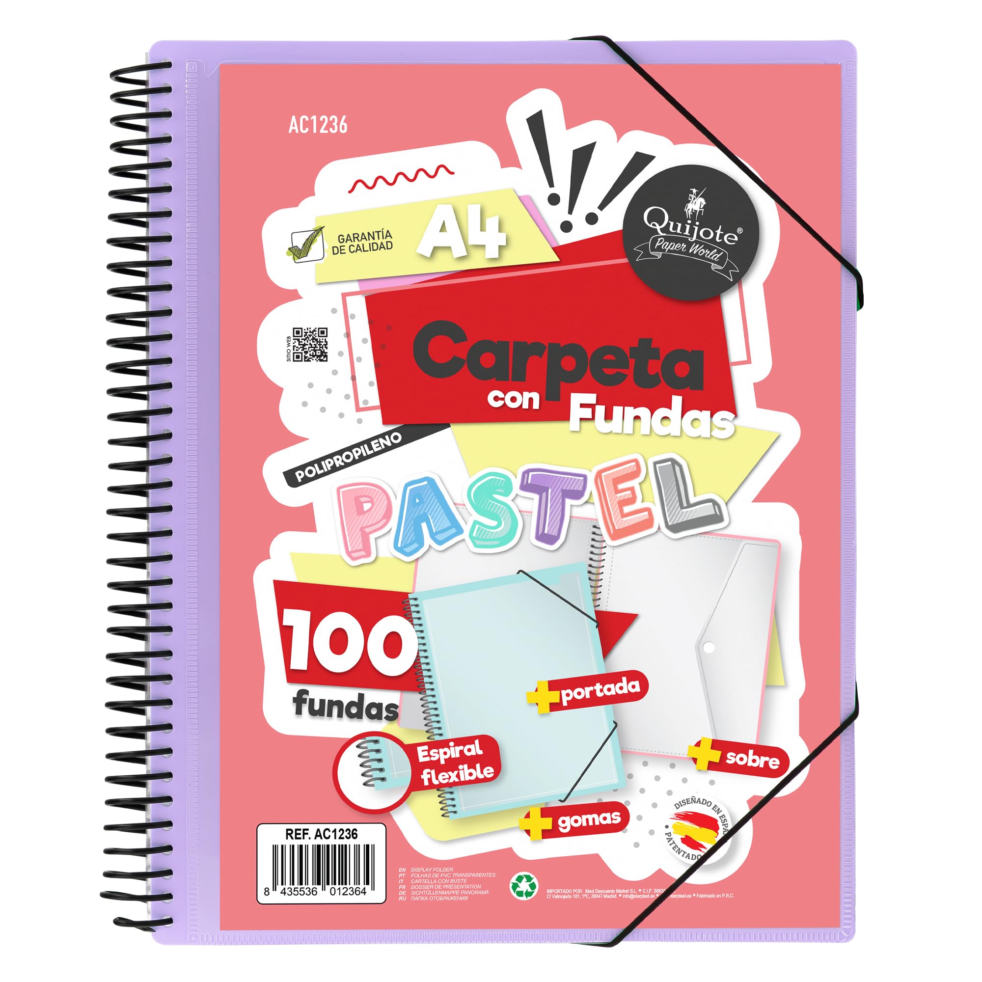 Starplast Flexible Spiral Folder with Sleeves – 100 Transparent Pockets, A4, Elastic Closure, Polypropylene Cover, Customisable Cover, for School and Office Use – Lilac