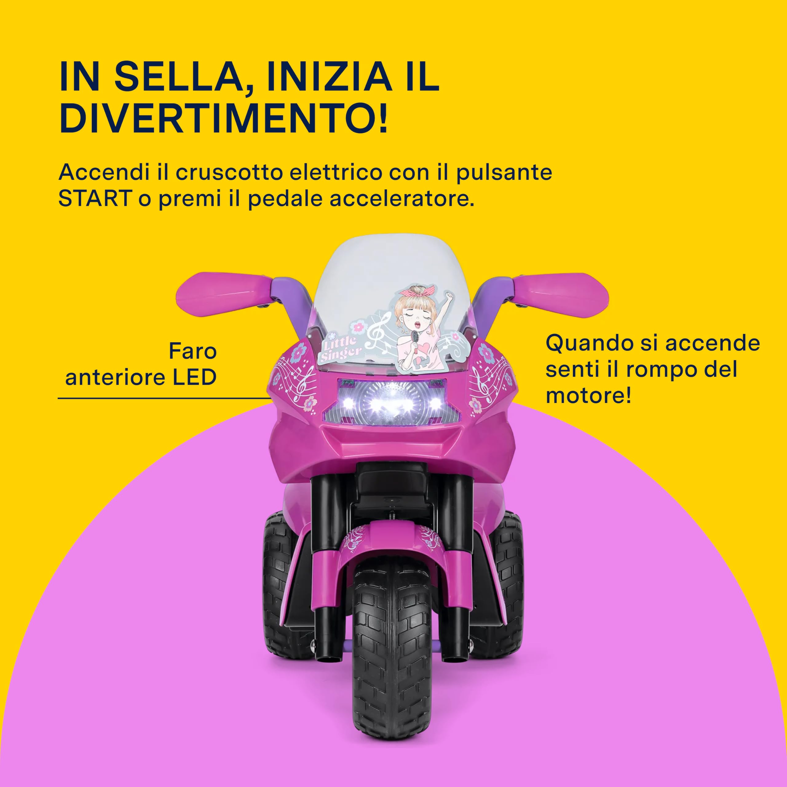 PEG Little Singer Moto Elettrica Cavalcabile per Bambini dai 2 Anni, Batteria Ricaricabile da 6V, Fari LED, Clacson e Musica, Velocità 4 km/h, Due Ruote Motrici con Battistrada Tassellato