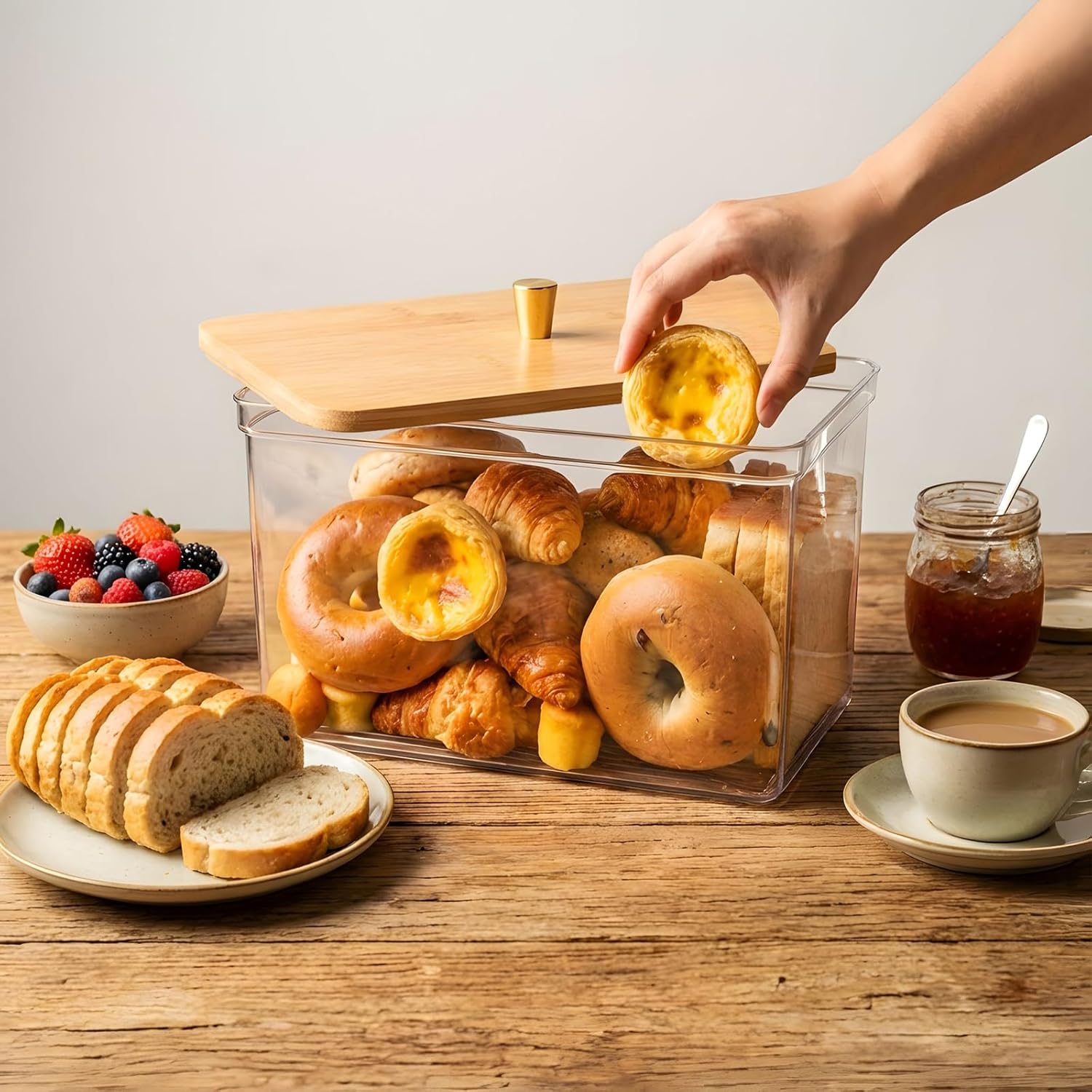 Hudgan Breadbox for Kitchen Countertop, Bread Storage Container with Bamboo Lid for Homemade Bread,Toast, Bagel, Donut, Cookies and Baguette, Large Corner Breadbox Keeper for Muffin