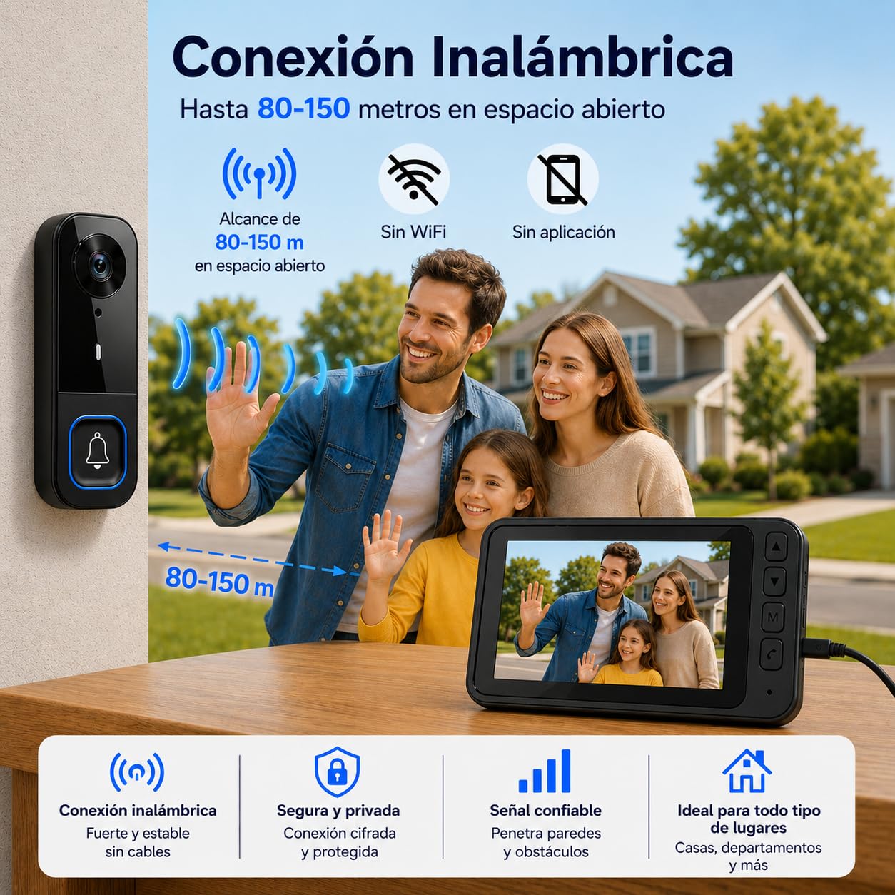 Videoportero Inalámbrico con Cámara 1080P Timbre Exterior Bluetooth 50m Visión Nocturna Audio Bidireccional