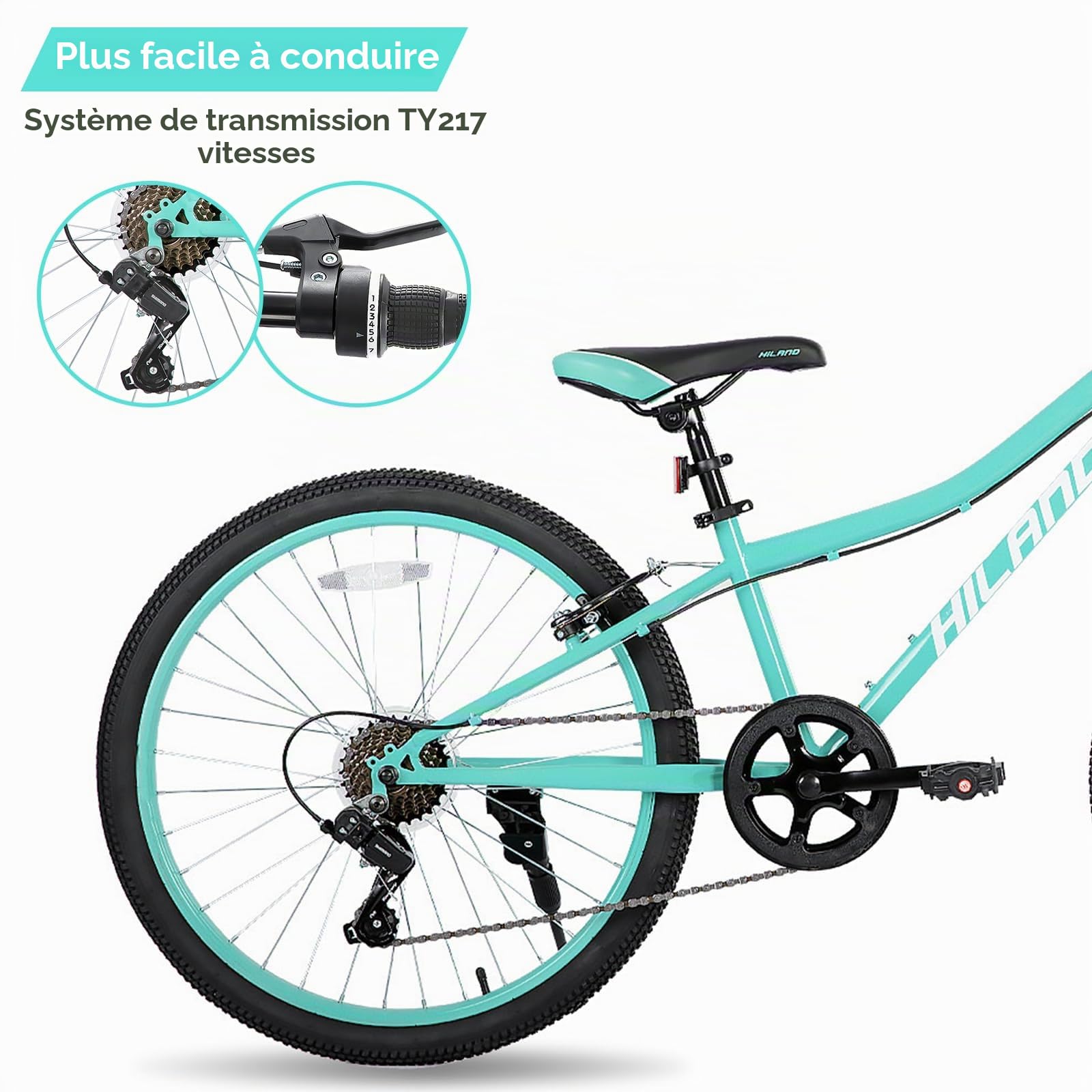 Hiland Climber Vélo pour Enfant 24 Pouces, 7 Vitesses, Frein en V, vélo de Montagne pour Enfants et Jeunes avec Fourche de Suspension，Rose/Vert/Bleu/Noir