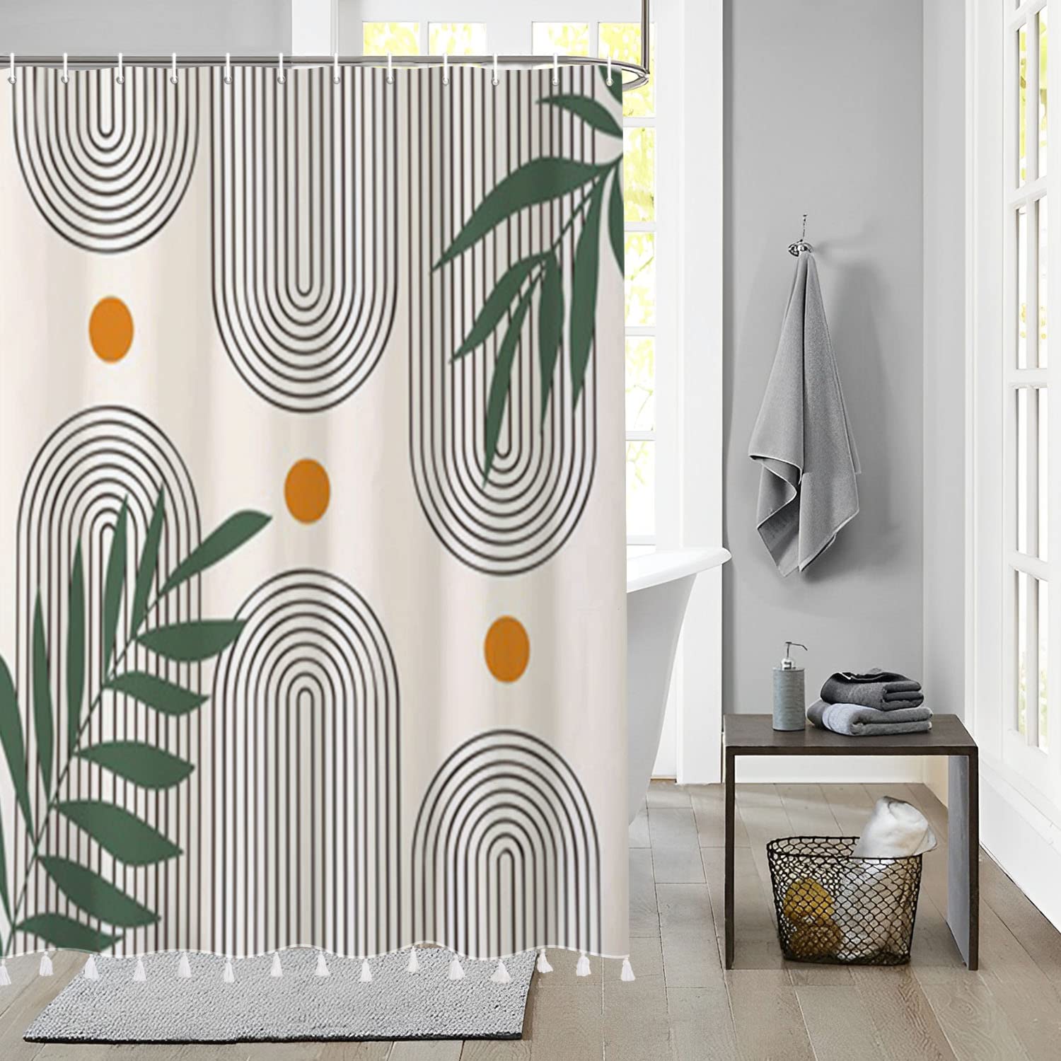 Bovlleetd Abstract Mid Century Shower Curtain with Tassel Arch Pattern Beige Modern Minimalistic Home Decoration Set with 12 Hooks Washable Durable Polyester Fabric 60x72inch