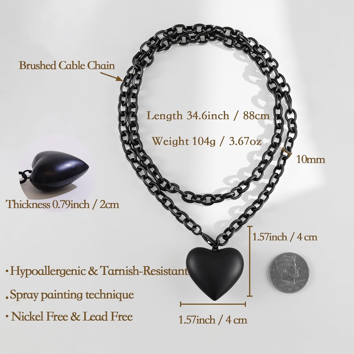 Puffy Heart Pendant Necklace for Women 18K Gold Plated Y2K Statement Jewelry Gift, Adjustable 34.6 Inch Brushed Chunky Chain, Non-Tarnish & Two-Layer Wearable