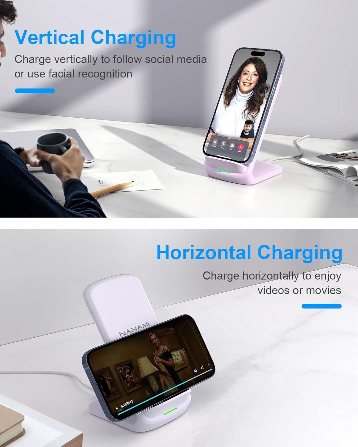NANAMI Wireless Charger for Samsung and iPhone - 10W Fast Induction Charger Stand for Galaxy S25/S26/S24/S23/S22/S21, Wireless Charging Stand Phone Charging Dock for iPhone 17/17 Air/16/15/14/13/12