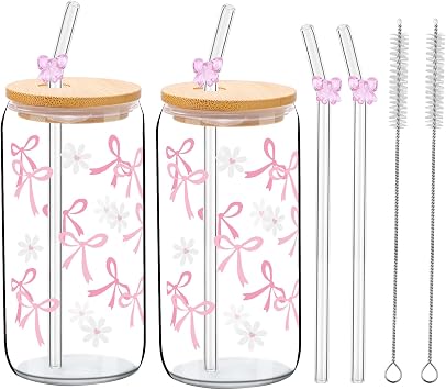 4 Sets Coquette Bow Glass Cup 16oz Pink Bow Flower Cup with Lids and Straws Tumbler Trendy Glass Cups for Drinking Coffee Boba Tea Cocktail