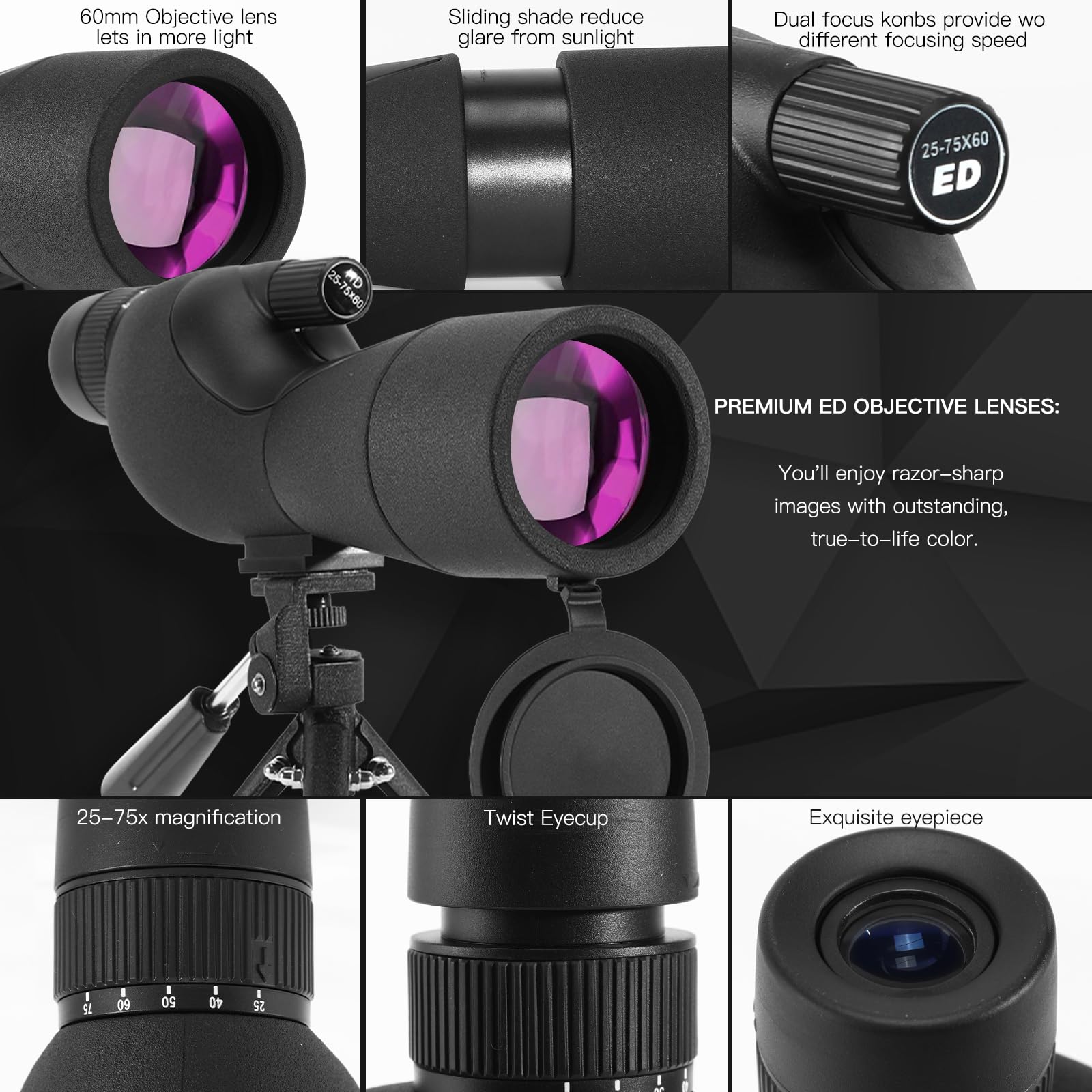 Cannocchiale Da Caccia Professionale - Telescopio 25-75x60mm Impermeabile Con Treppiede E Adattatore Telefono - Foto 8