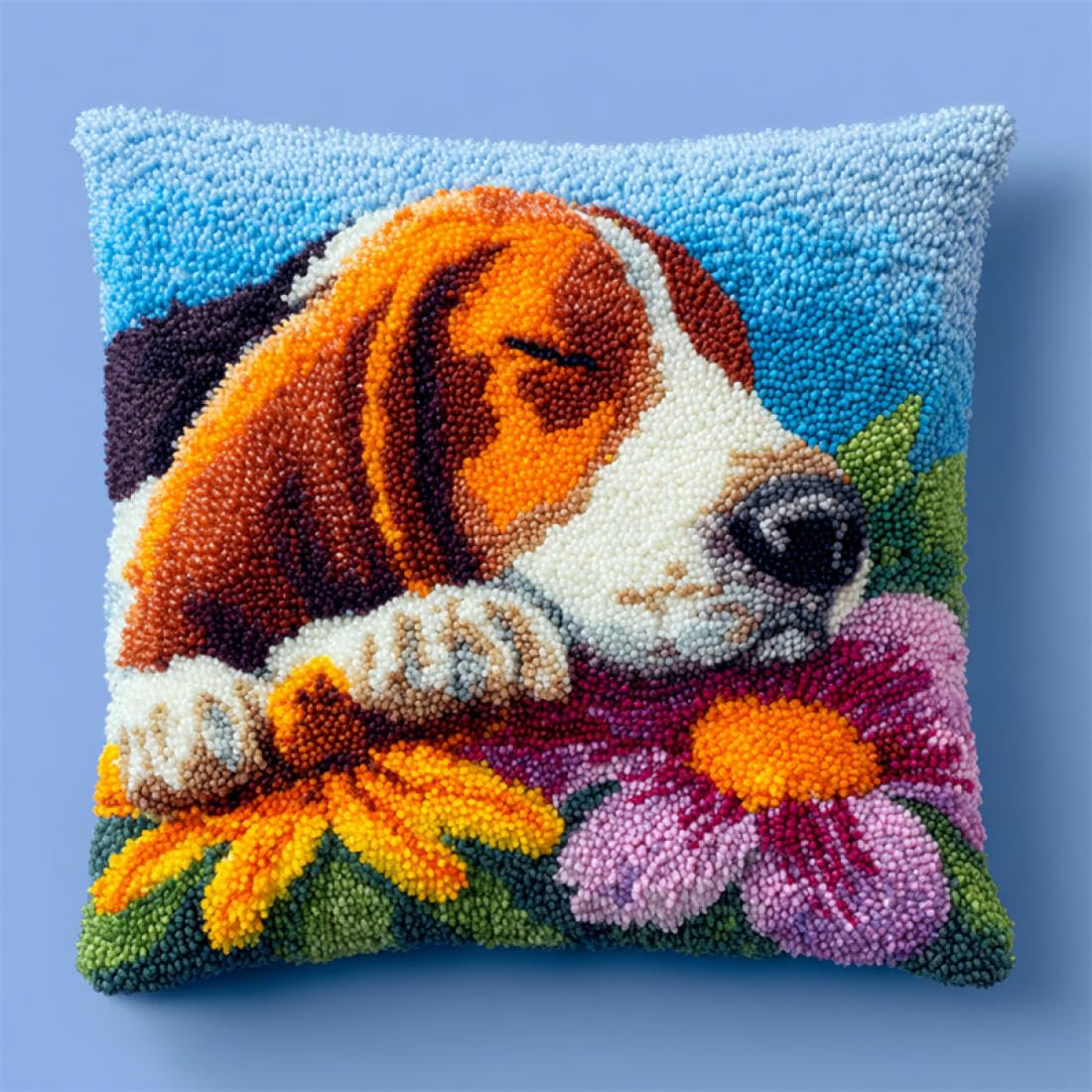 Kitquiver Animal Latch Hook Cushion Craft Kits Cartoon Basset Hound Cross Stitch Pillowcase Making Kits,DIY Latch Hook Rug Kit Embroidery 17x17In