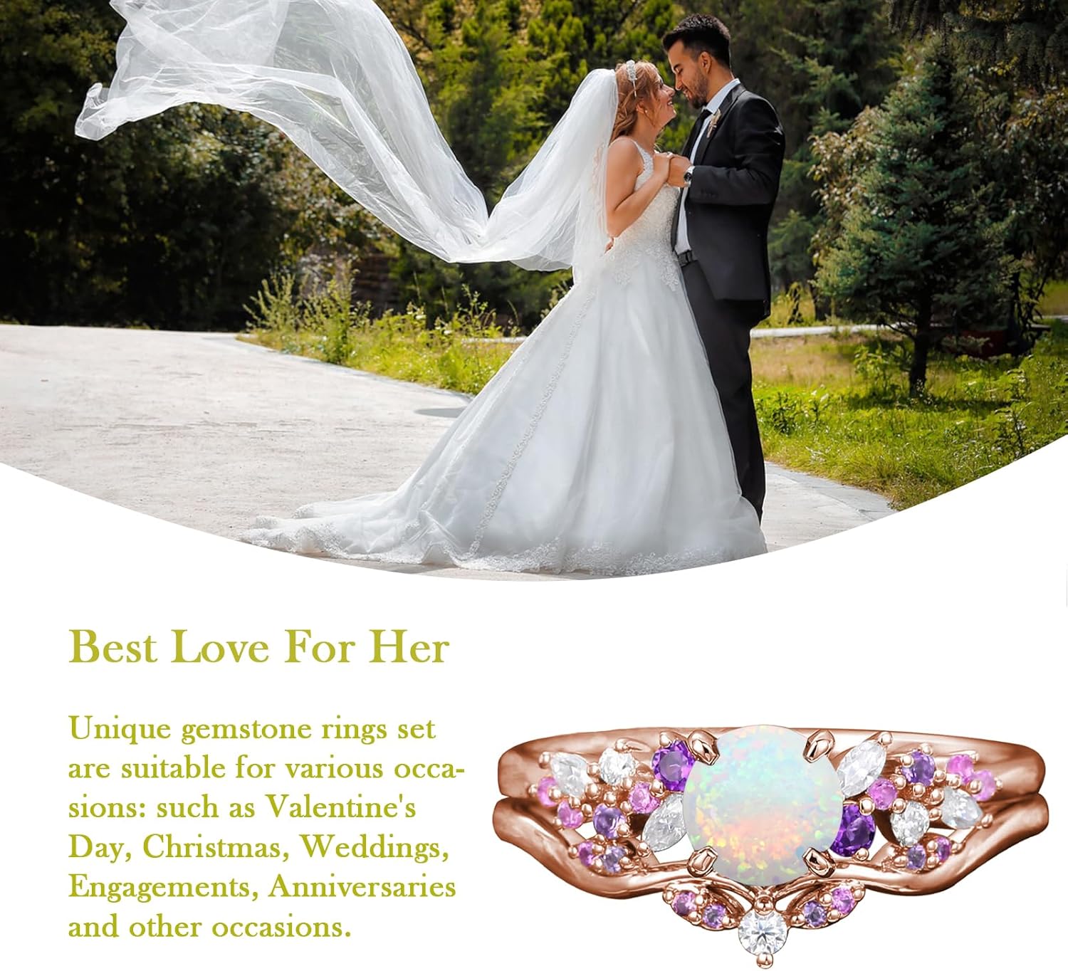 10K/14K/18K Solid Gold Gemstone Vintage Engagement Ring Set for Women 1CT Round Gemstone and Moissanite Amethyst CZ Vintage Promise Anniversary Ring Set for Her