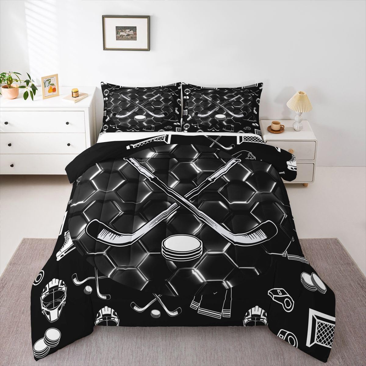 Erosebridal Geometric Hockey Comforter Sports Ice Hockey Full Bedding Set for Kids Boys Teen Men Black White Neon Honeycomb Hockey Equipment Comforter Set Hexagon Quilt Duvet Insert 3 Pcs