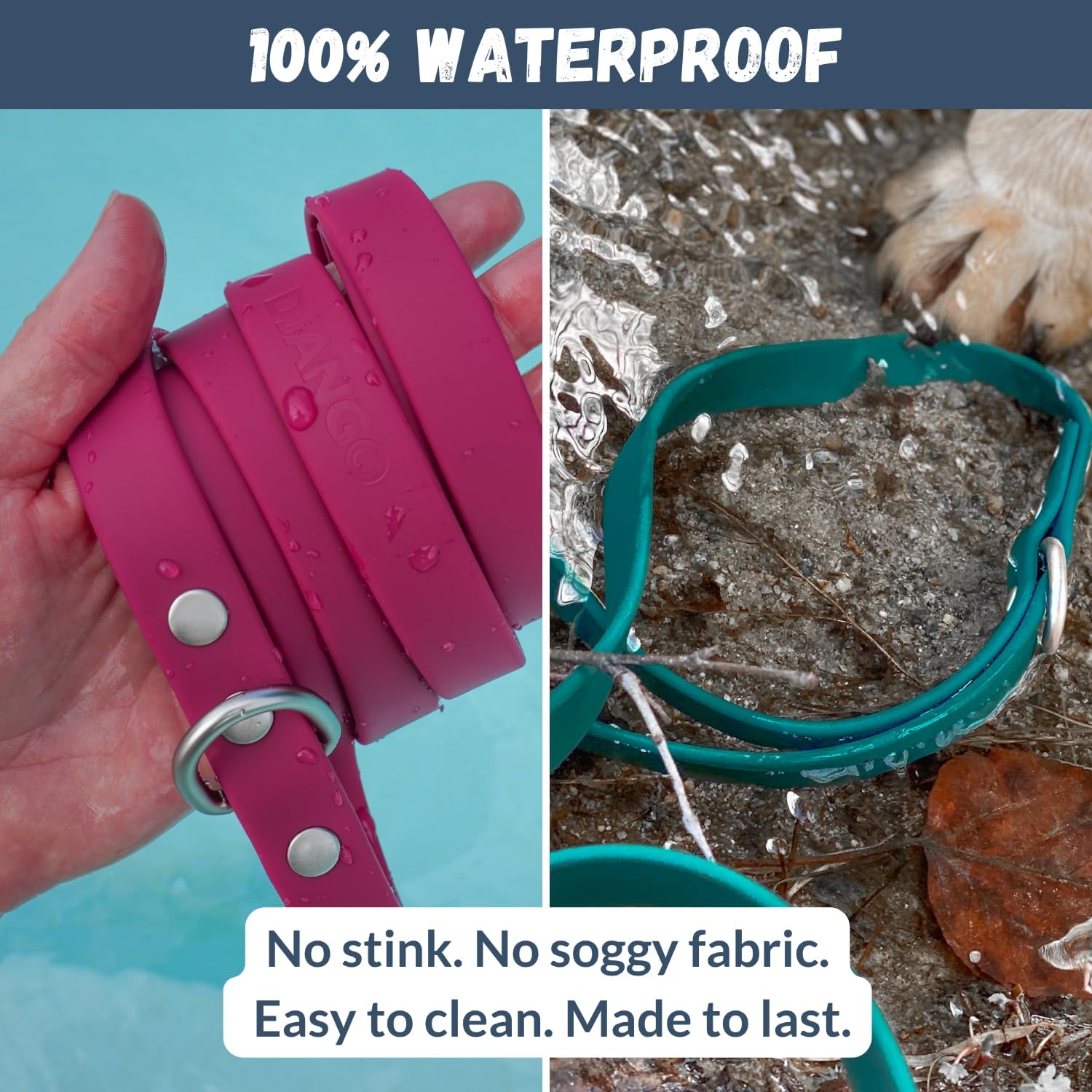 DJANGO Tahoe Waterproof Dog Leash – 5ft Durable Waterproof Dog Leash for Small Dogs with Locking Carabiner Clip, Odor-Proof Coated Webbing, Soft Grip, & Premium Silver Hardware – Alpine Blue