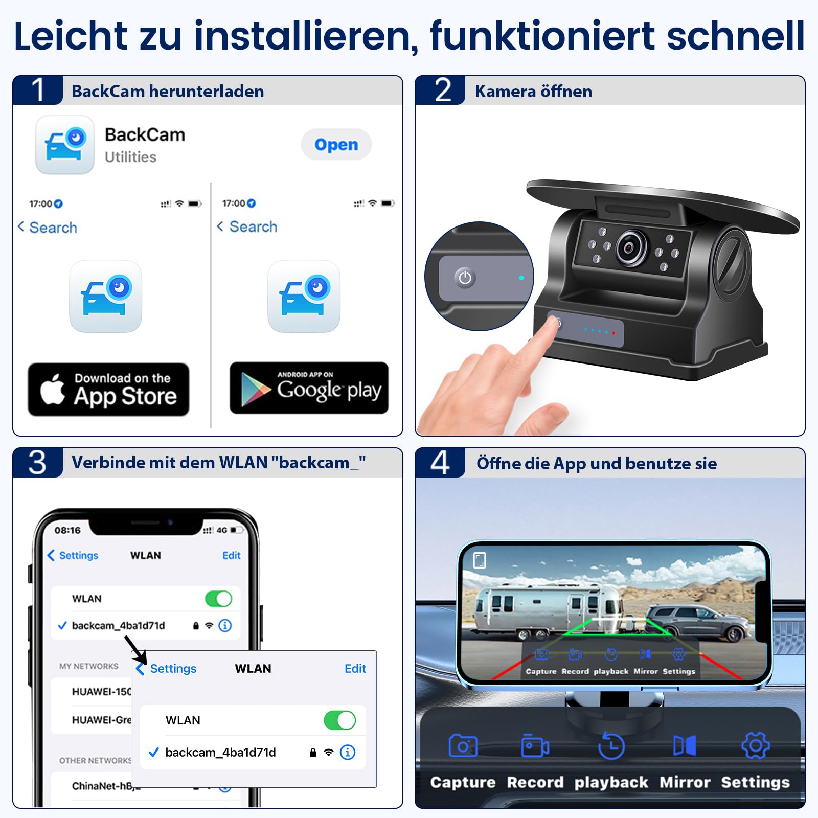 Solar WiFi Rückfahrkamera Drahtlose Magnetisch Rückfahrkamera,FHD 1080P IR Nachtsicht BSD Intelligente Erkennung IP69K wasserdicht,Für iPhone Android,Parkhilfe Auto, Wohnmobil, Anhänger