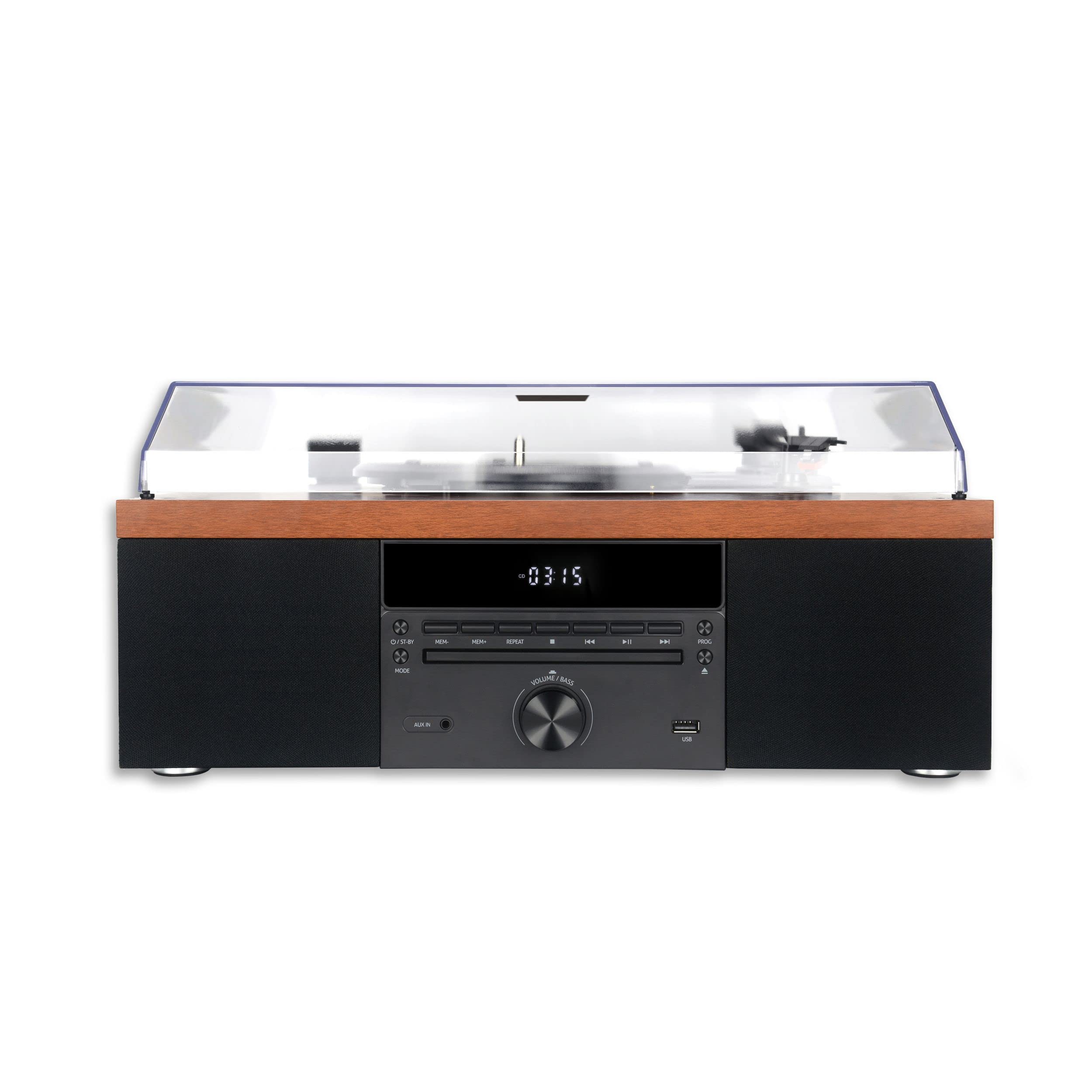 AKAI Plattenspieler Holz Schallplattenspieler mit Boxen Stereo-Lautsprecher für Vinyl Schallplatten CD-Player Abspielgerät, Bluetooth FM-Radio, USB Riemenantrieb Vintage Turntable