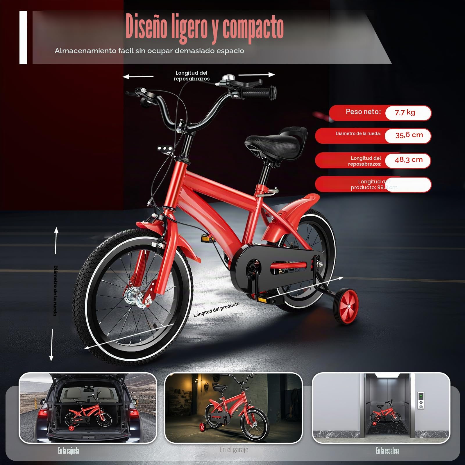 Bicicleta infantil de 14 pulgadas con ruedas de apoyo, bicicleta para niños de 3 a 6 años y niñas, al aire libre, deportivo, bicicleta infantil, color rojo, altura ajustable (95-135 cm)