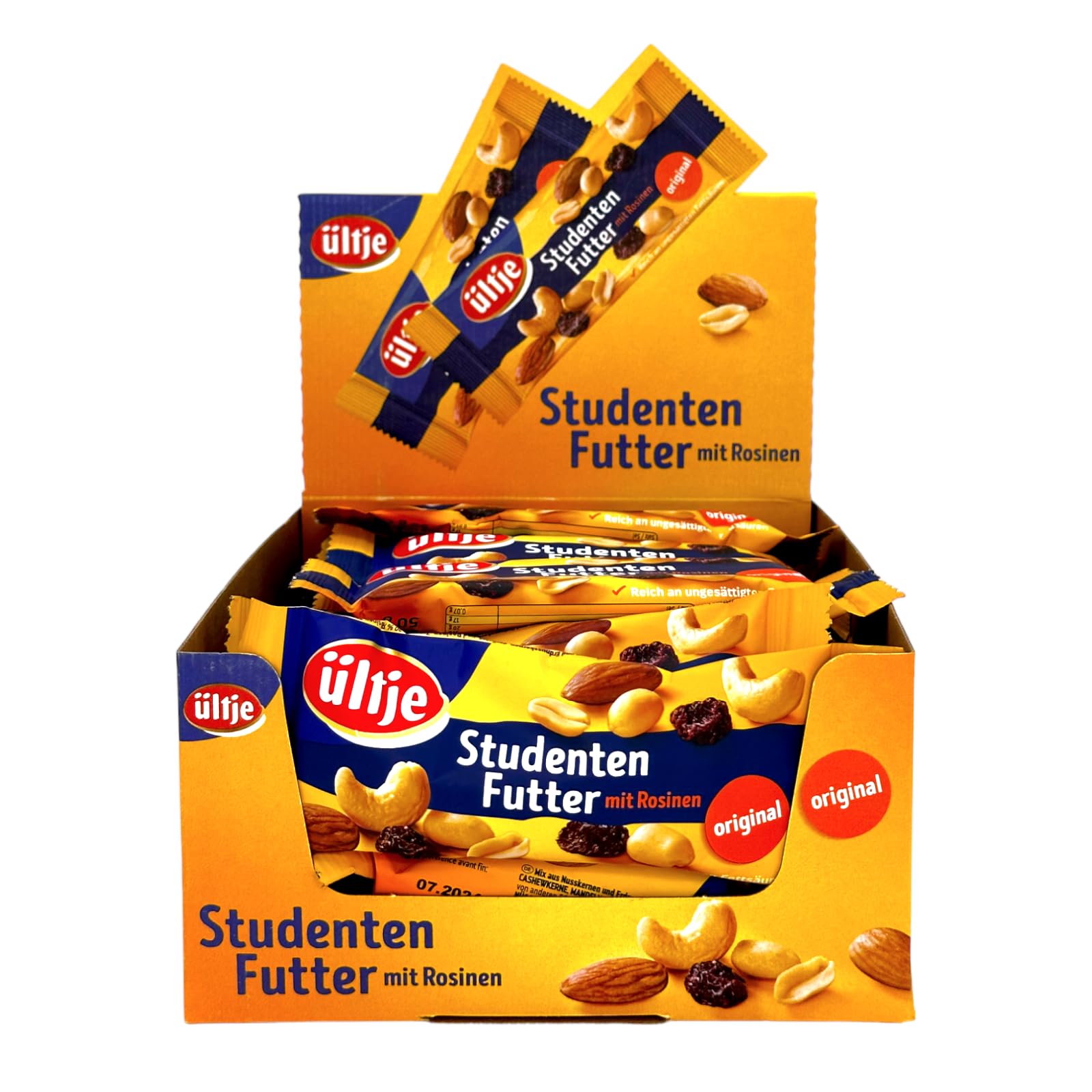 Ültje Studentenfutter mit Rosinen Original (20x 50g) | Riegelbeutel Display | Veganes Studentenfutter | Mix aus Nusskernen und Erdnusskernen, geröstet und Rosinen + Zama4Zingo Karte