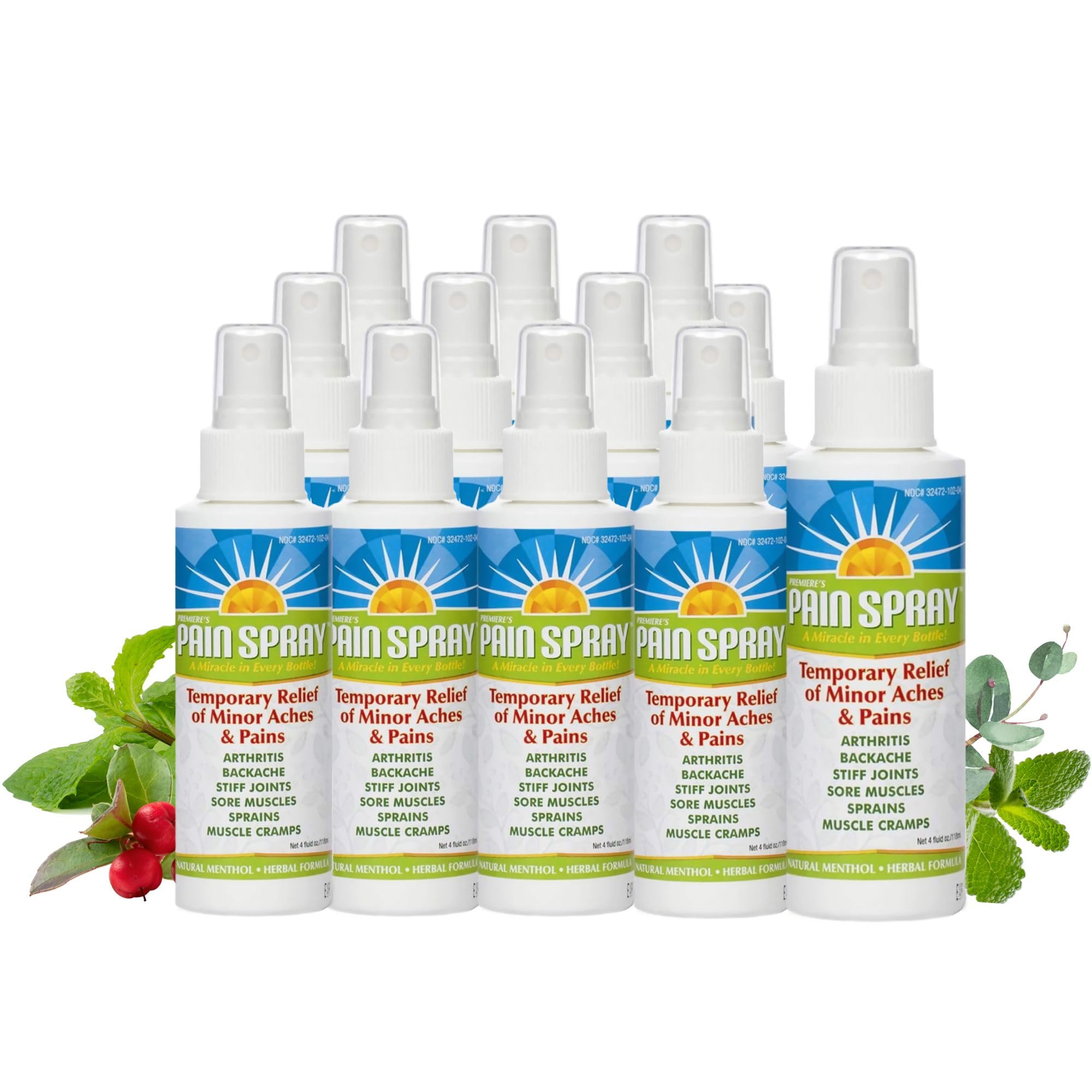 Premiere's Pain Spray All-Natural Menthol & Peppermint Oil Herbal Blend for Joint and Nerve Pain, Muscle Soreness, Sprains, Cramps, Sports Injuries, Back Pain & Neck Shoulder Aches - Twelve Pack