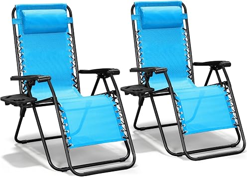 Zero Gravity Chairs Set of 2, Adjustable Lounge Chair Outdoor Recliner, Folding Reclining Lawn Chair, Anti Gravity Chair with Pillow & Cup Holder for Pool Camping Sunbathing Beach Patio Sky Blue