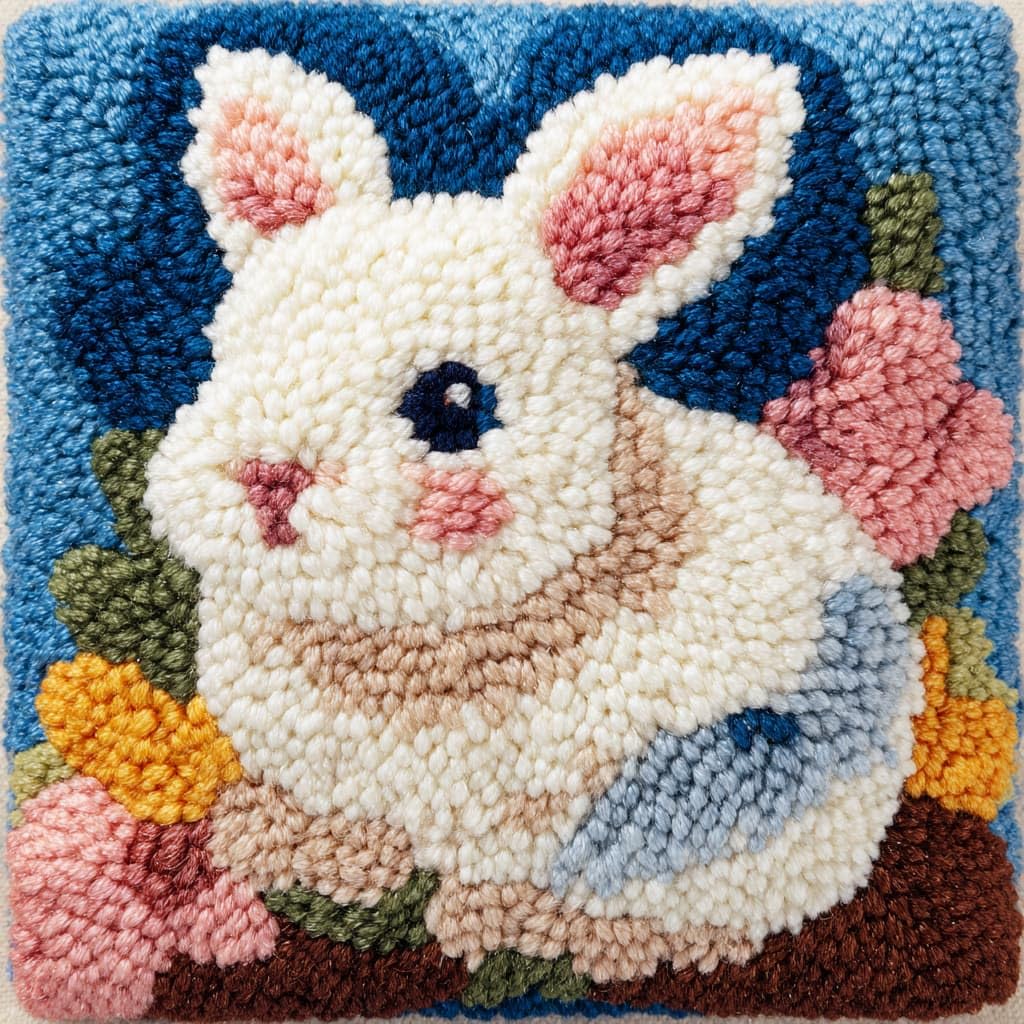 Taxpy DIY Latch Hook Cushion Kits, Rabbits and Flowers DIY Latch Hook Embroidery Set Crochet Needlework Crafts Pillow with Printed Canvas 43x43cm