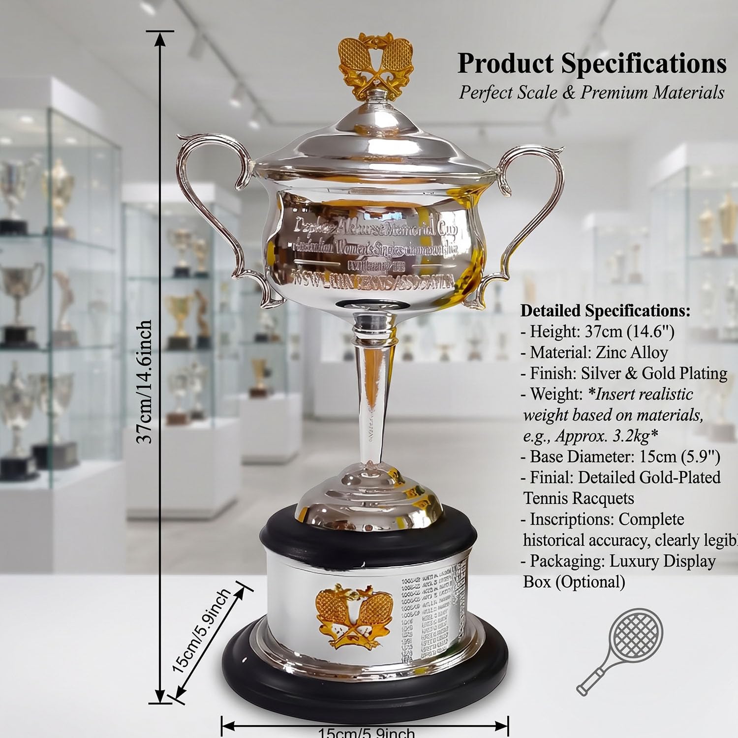 Réplica Trofeo Tenis Mujer, Copa Campeona Estilo Grand Slam, Regalo Coleccionable Deportivo para Fans de Tenis, Decoración Club Oficina