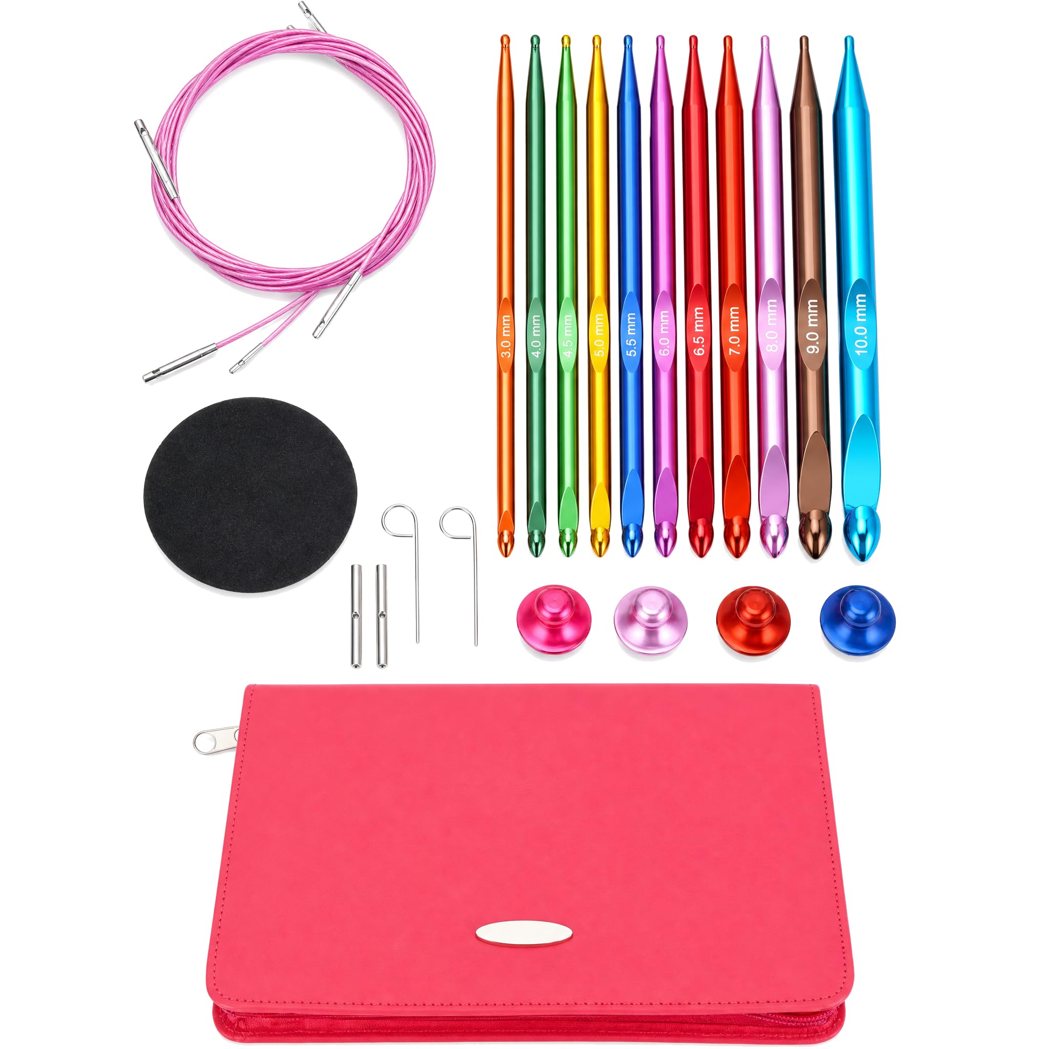 Set di 12 uncinetti tunisini con cavo, uncinetti intercambiabili in alluminio, maglieria in acciaio inossidabile, alluminio intercambiabile colorato con borsa in PU