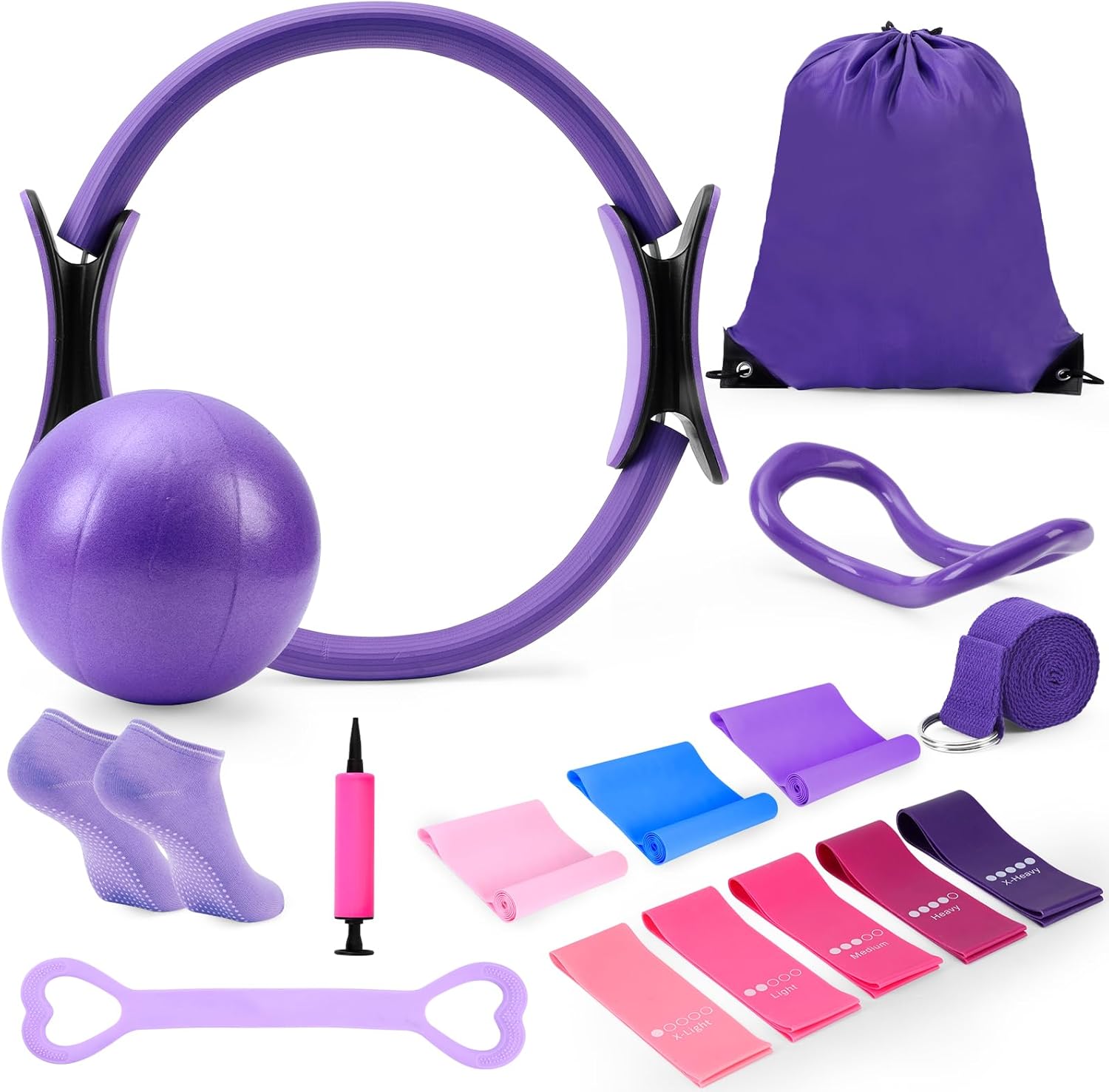 Pilates Essentials Kit for Home Workouts Women, Pilates Equipment Ring Set with Yoga Ball Resistance Band Stretching Band, Beginner Toning Fitness Pilates Starter Accessories Kit